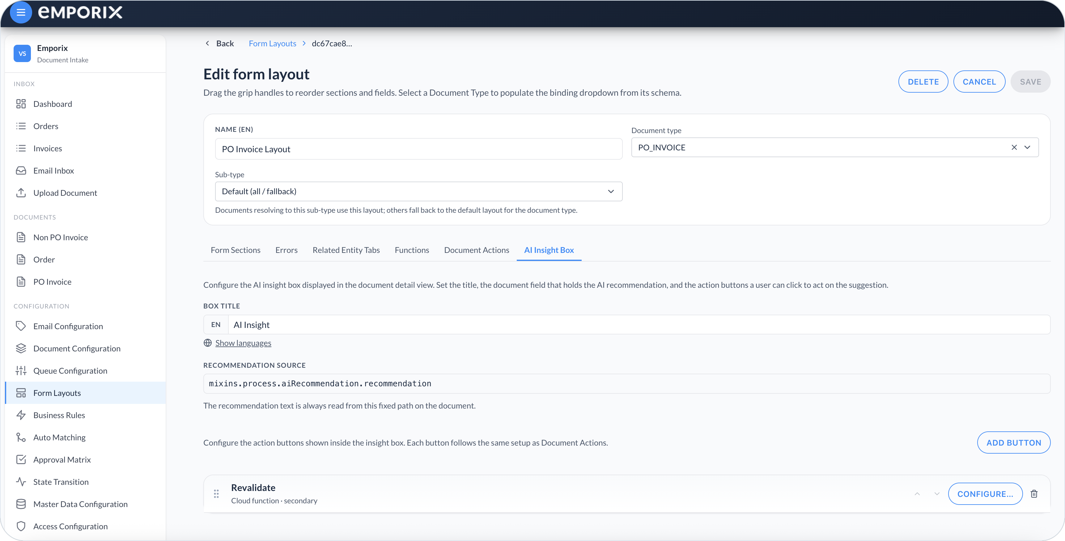 AI Insight Box with Box title, Recommendation source, Add button, and a Revalidate action