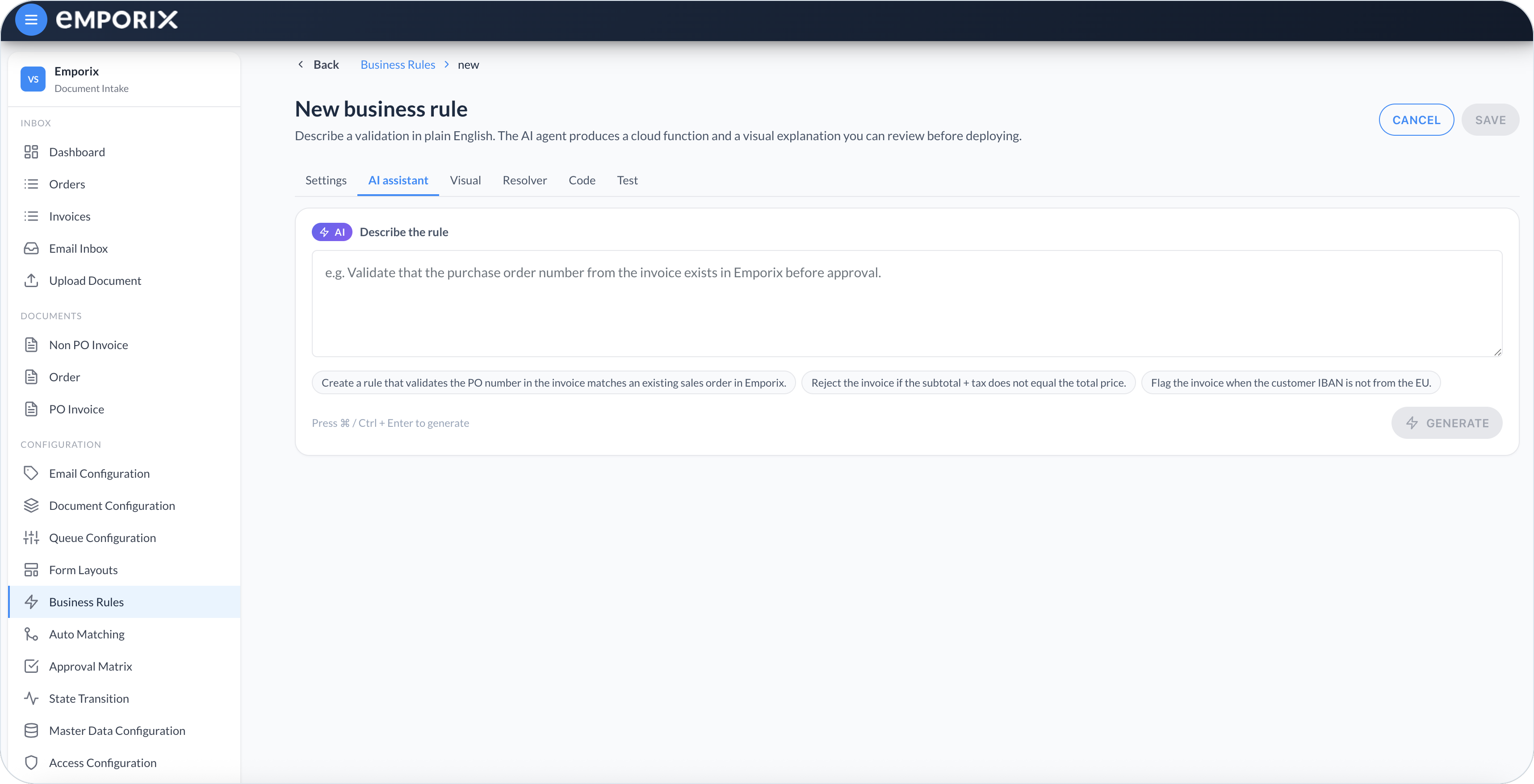 New business rule AI assistant with Describe the rule, sample prompts, and Generate