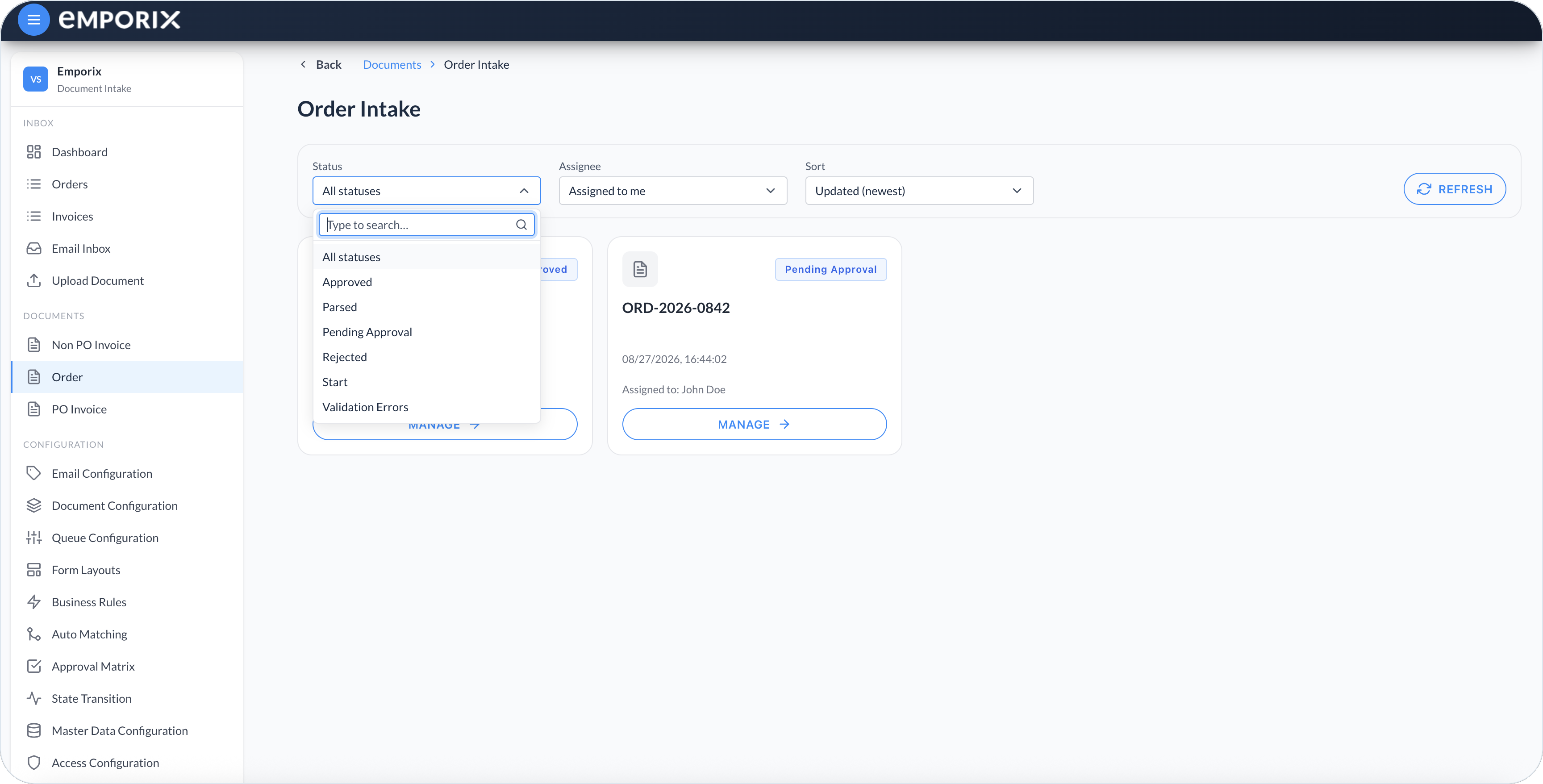 Status filter with All statuses and workflow statuses