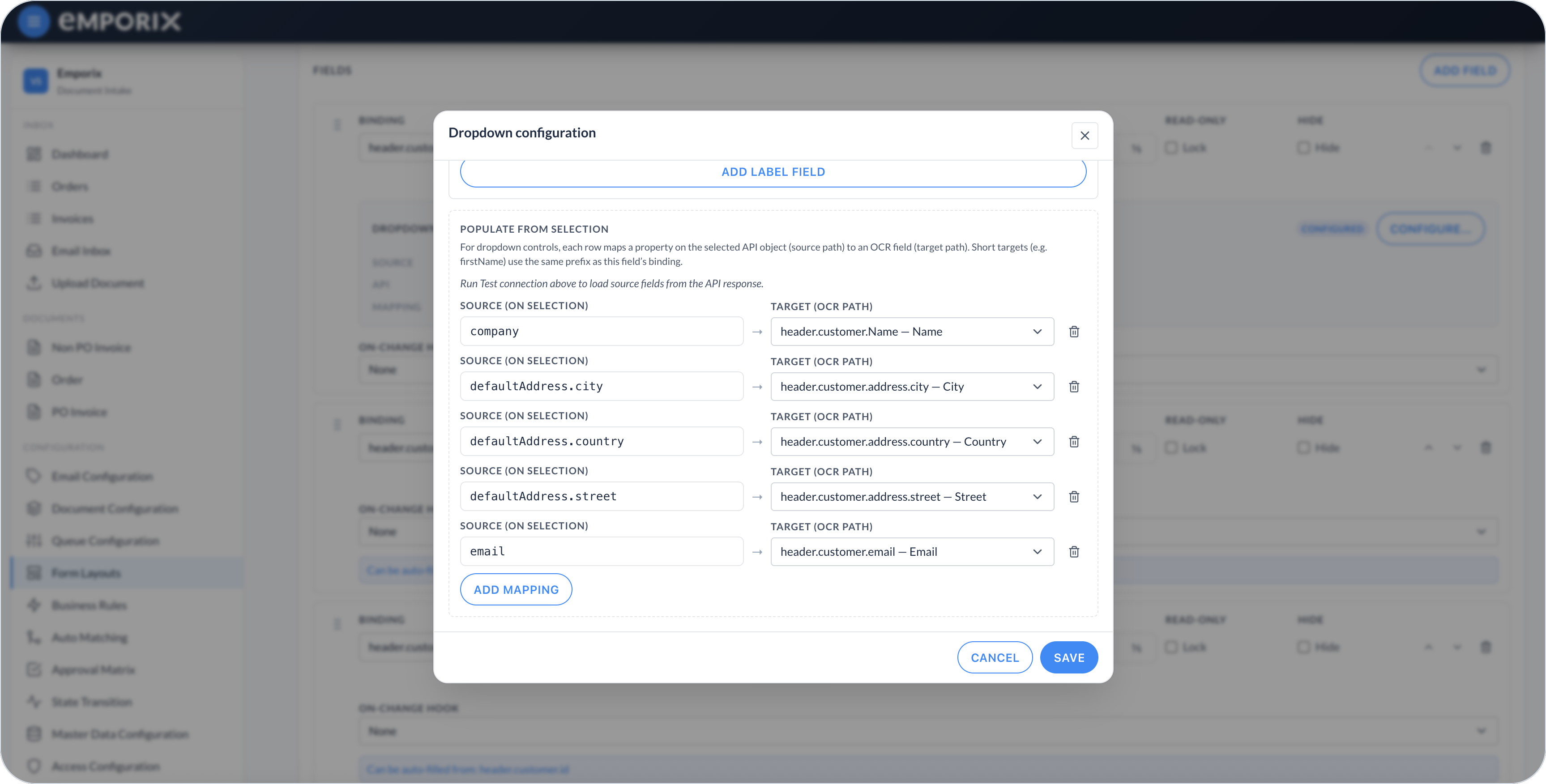 Dropdown configuration Populate from selection with Source and Target OCR path mappings