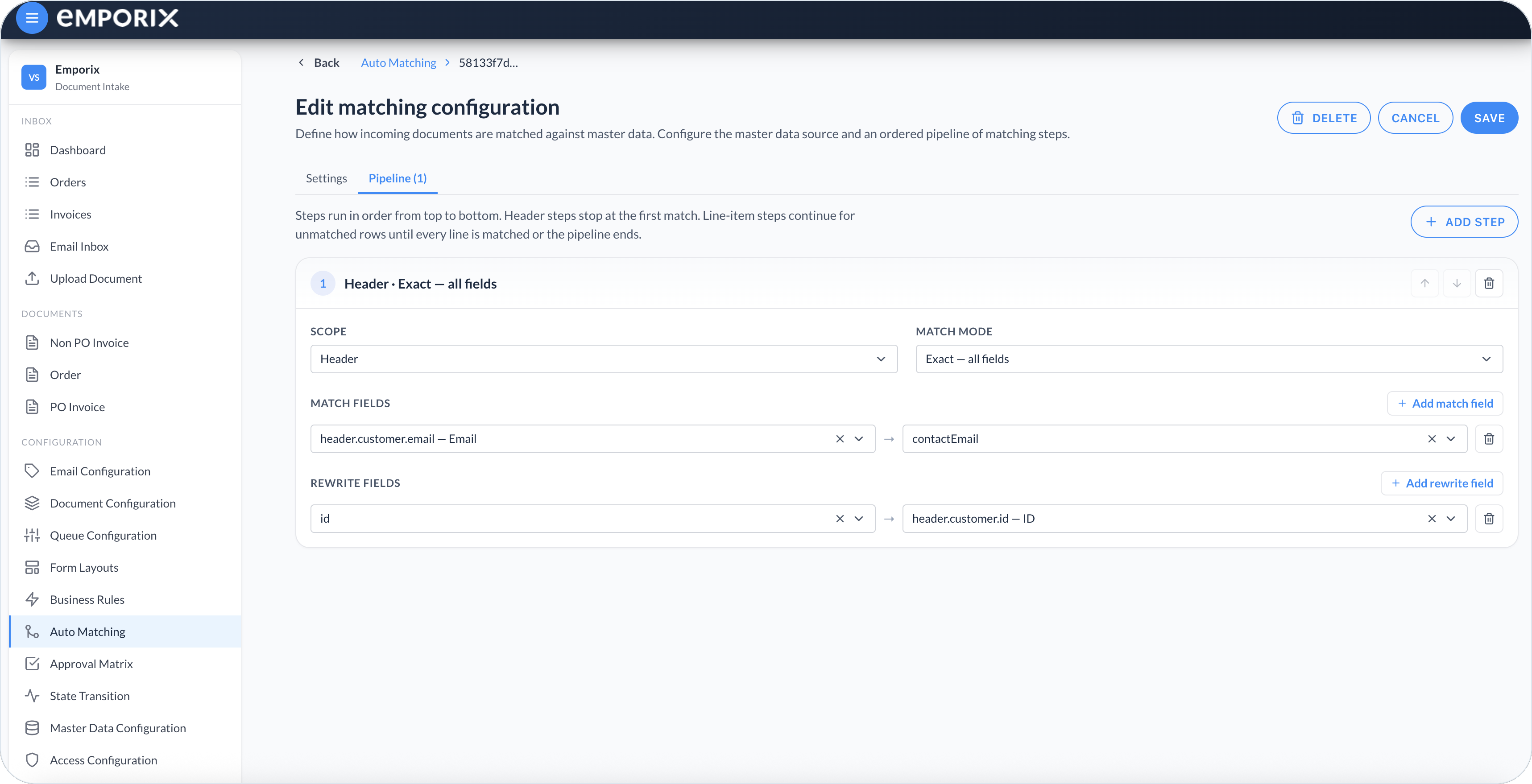 Pipeline Header step with Exact all fields, match fields, and rewrite fields