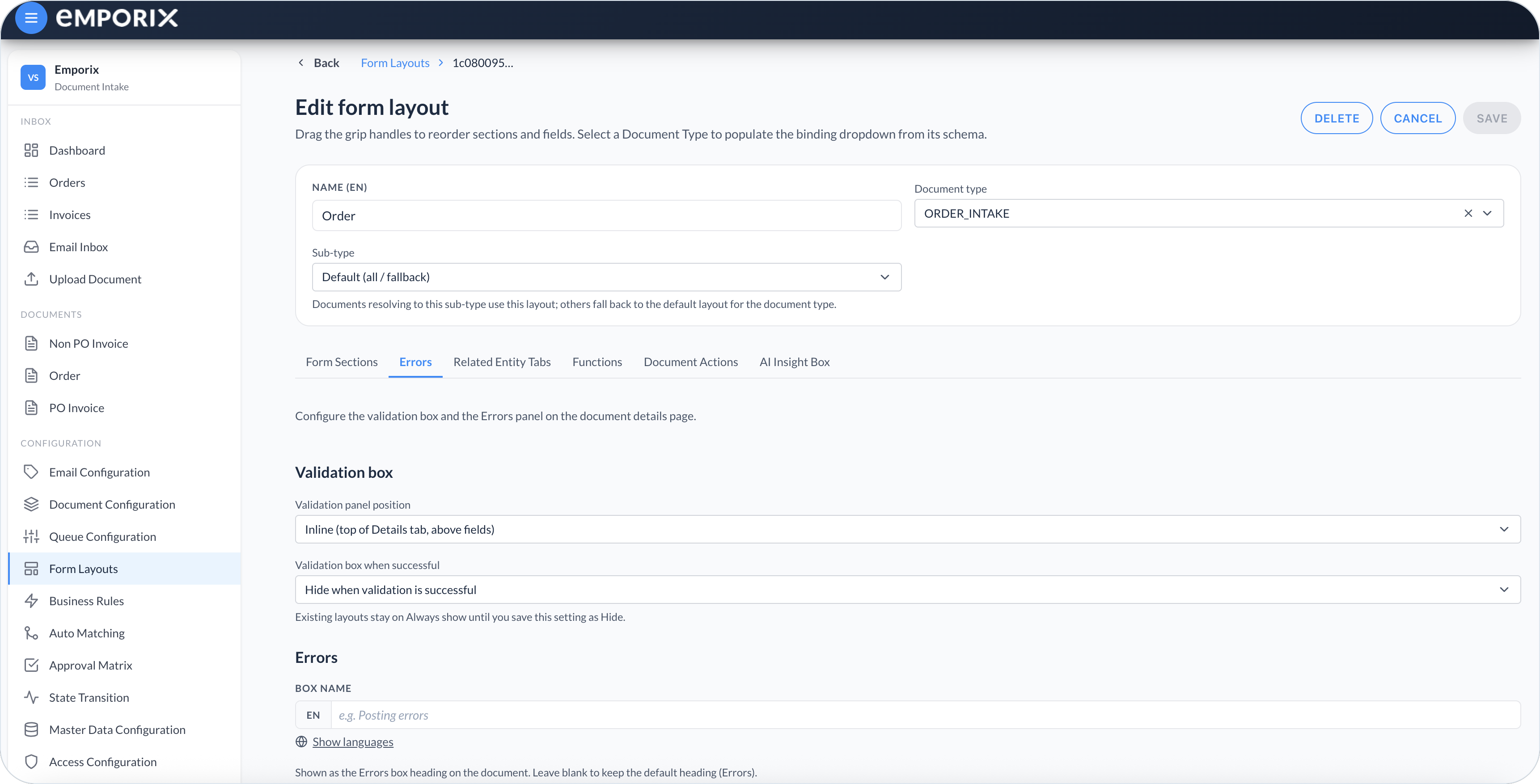Errors tab Validation box with panel position and hide when successful