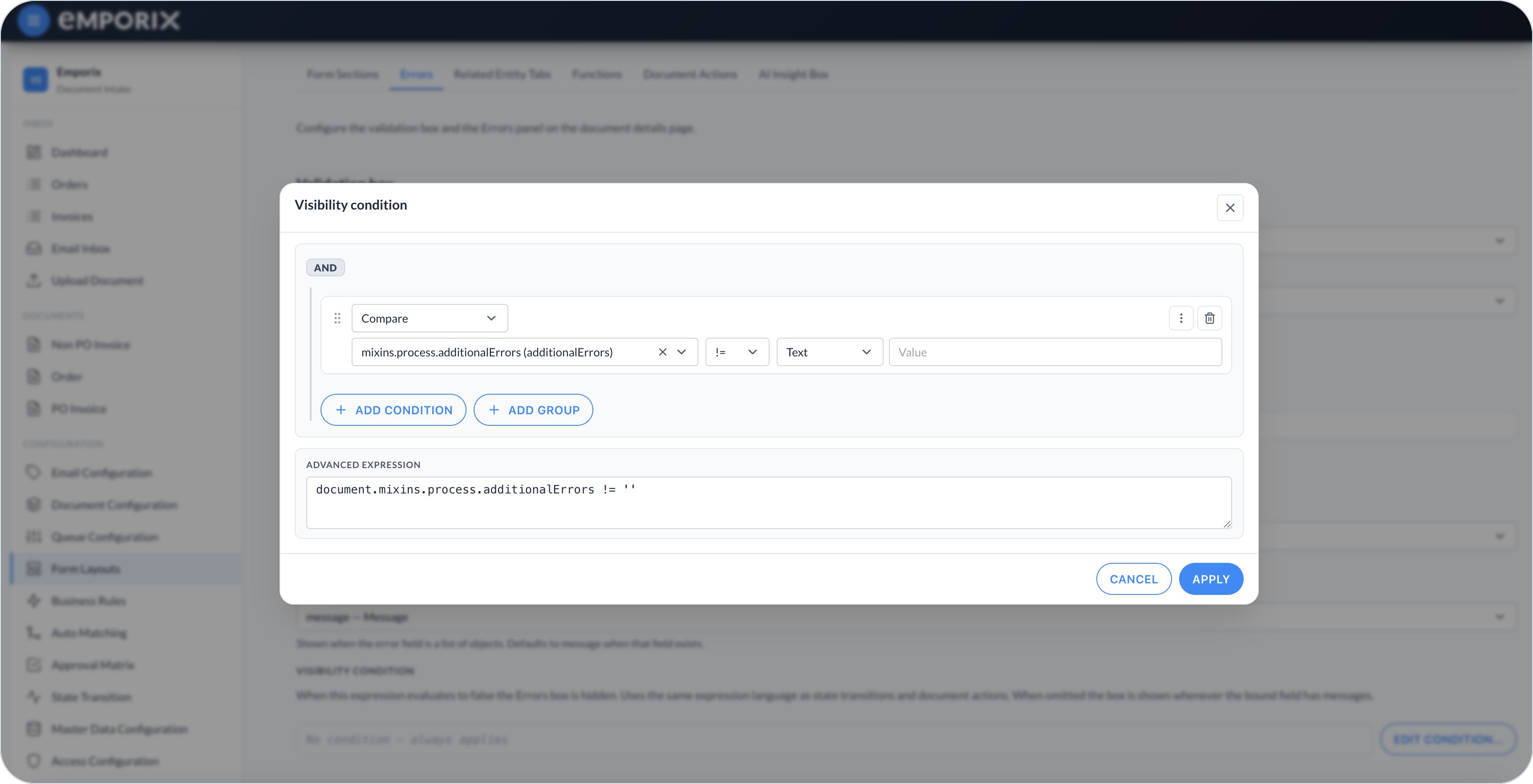 Visibility condition dialog with Compare, AND group, and Advanced expression