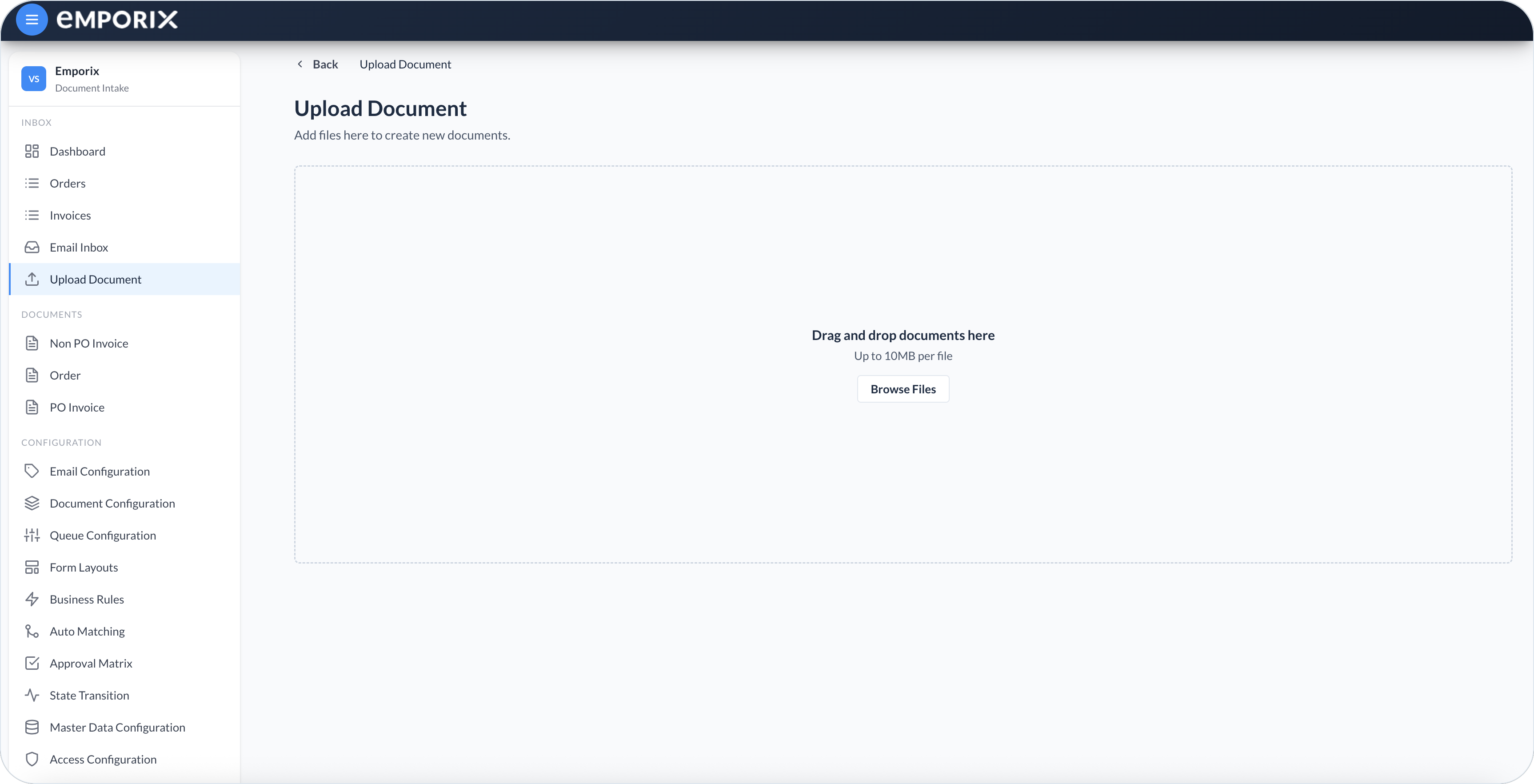 Upload document drop zone with browse files