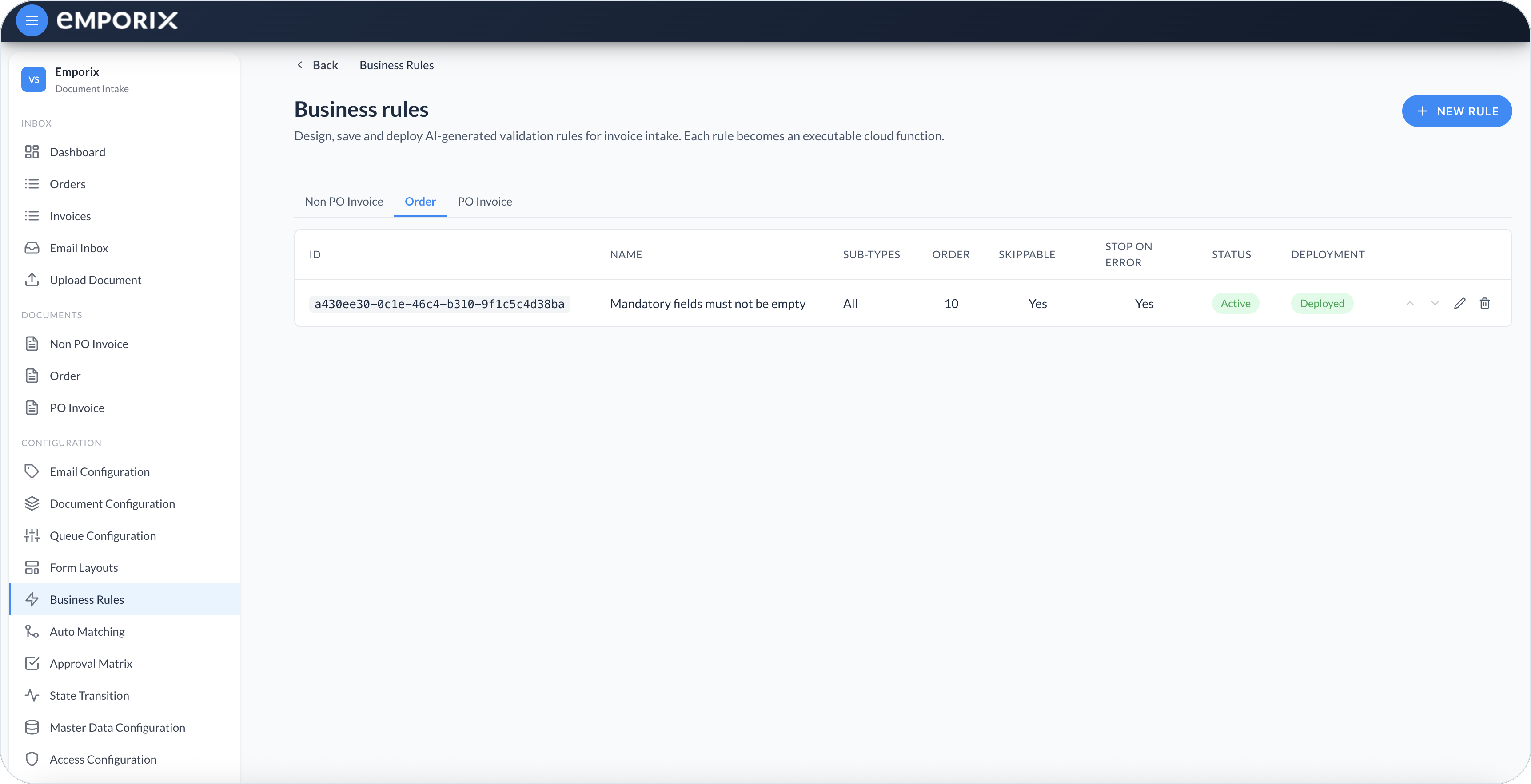 Business Rules list on the Order tab with ID, Name, Sub-types, Order, Skippable, Stop on error, Status, and Deployment