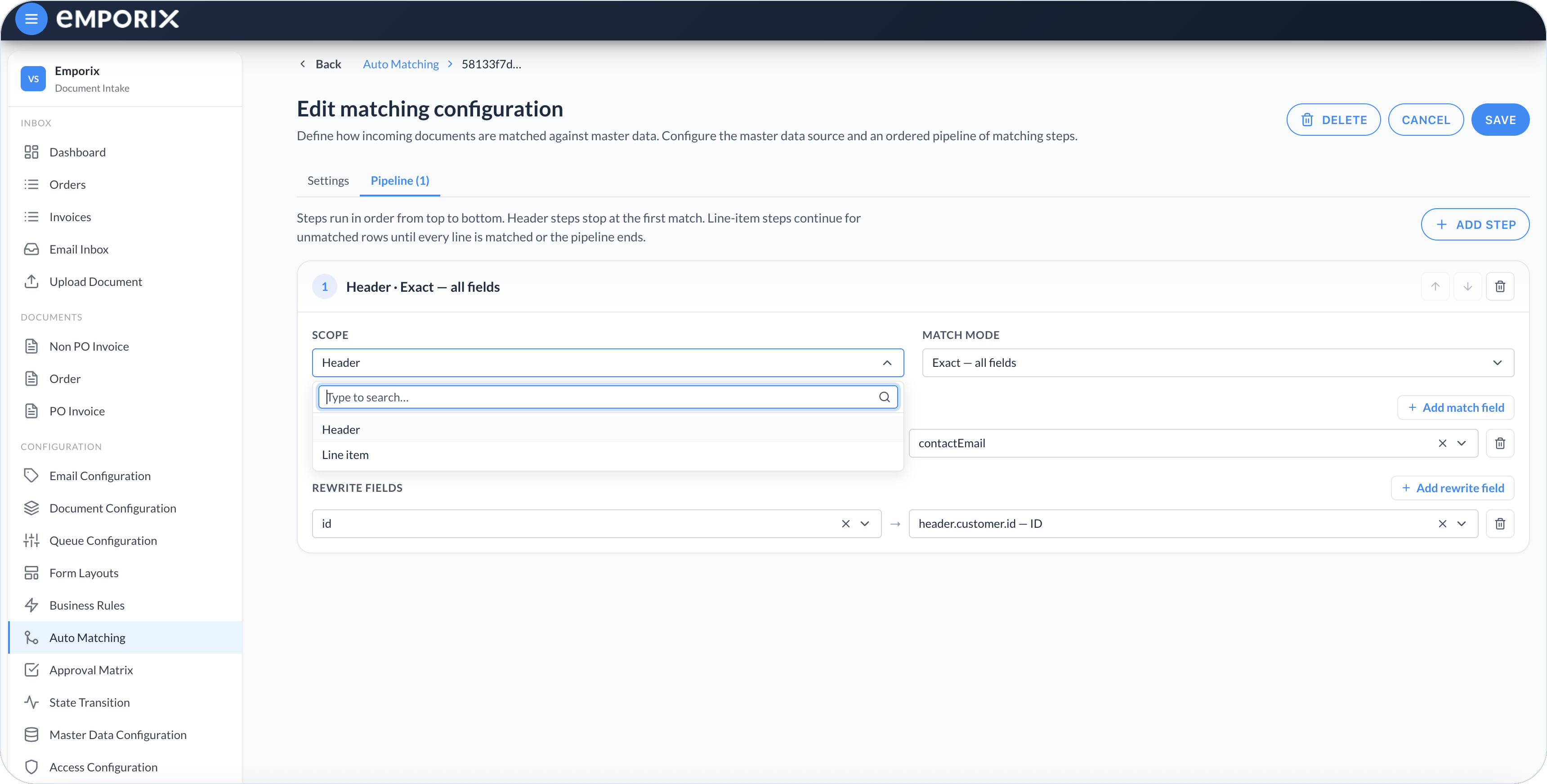 Pipeline Scope dropdown with Header and Line item