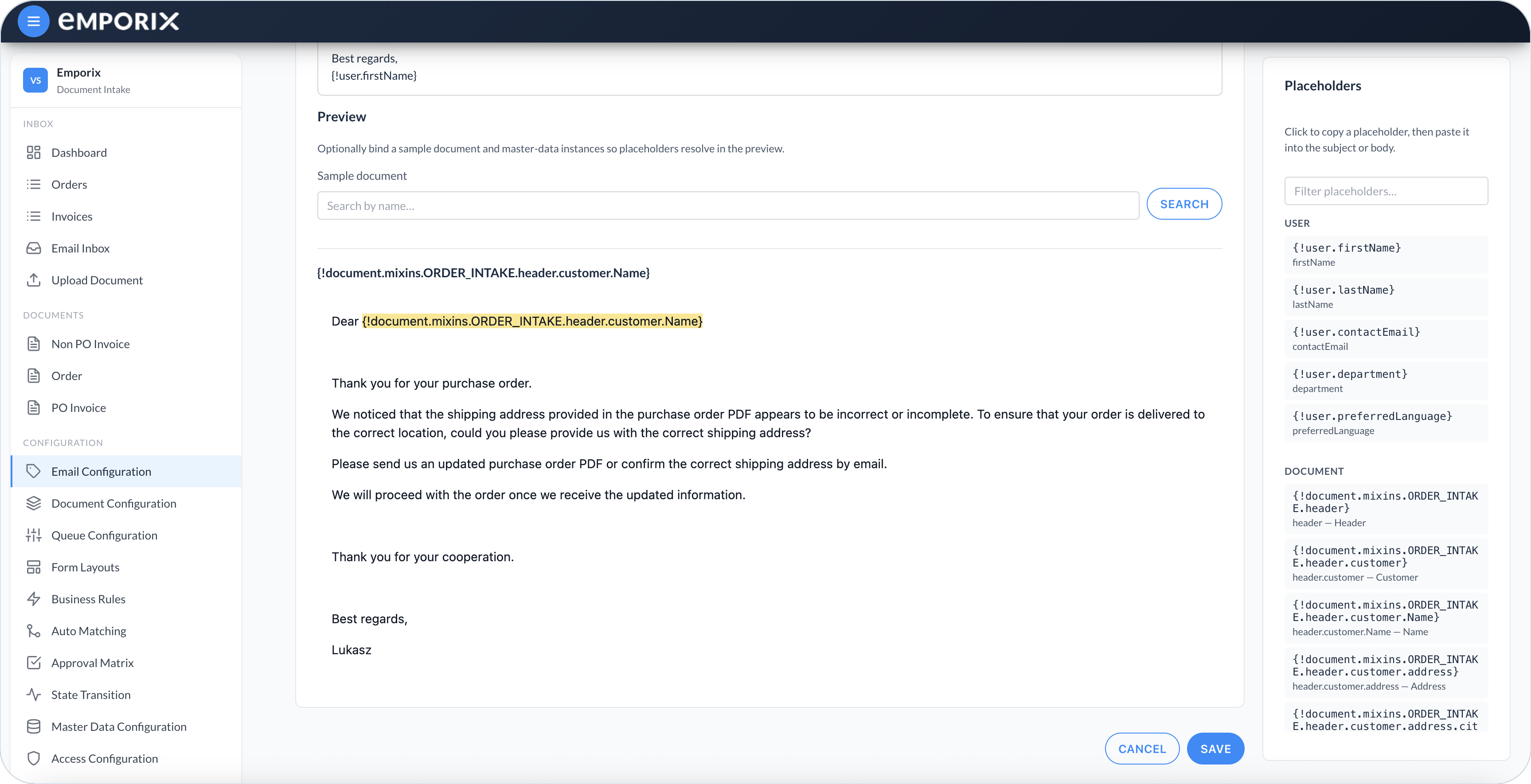 Email template Preview with unresolved placeholders highlighted