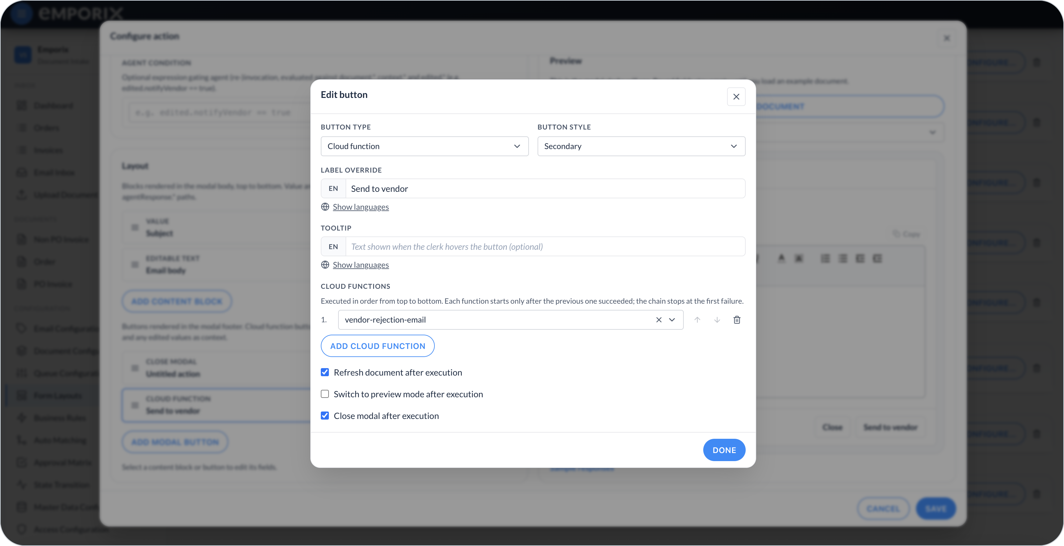 Edit button with Button type Cloud function, Label override, cloud functions, and Close modal after execution