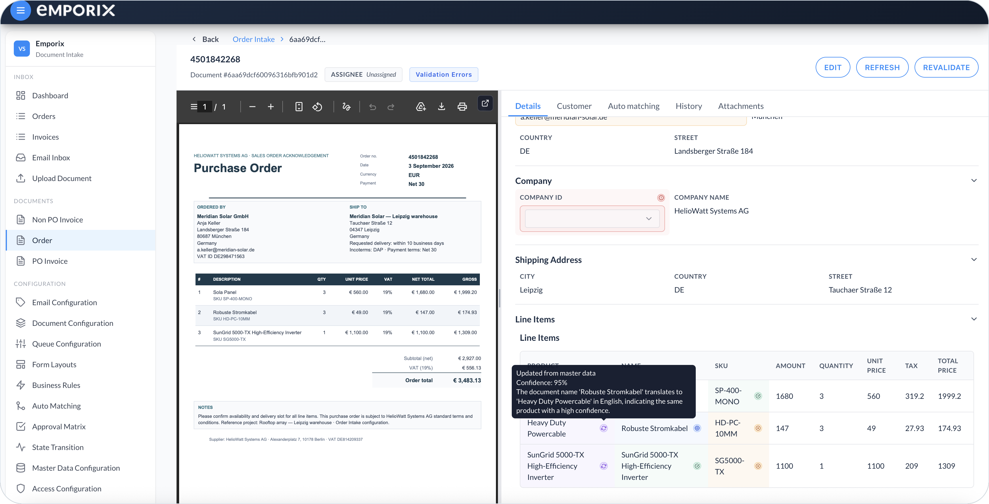 Document view with source preview beside extracted Details fields