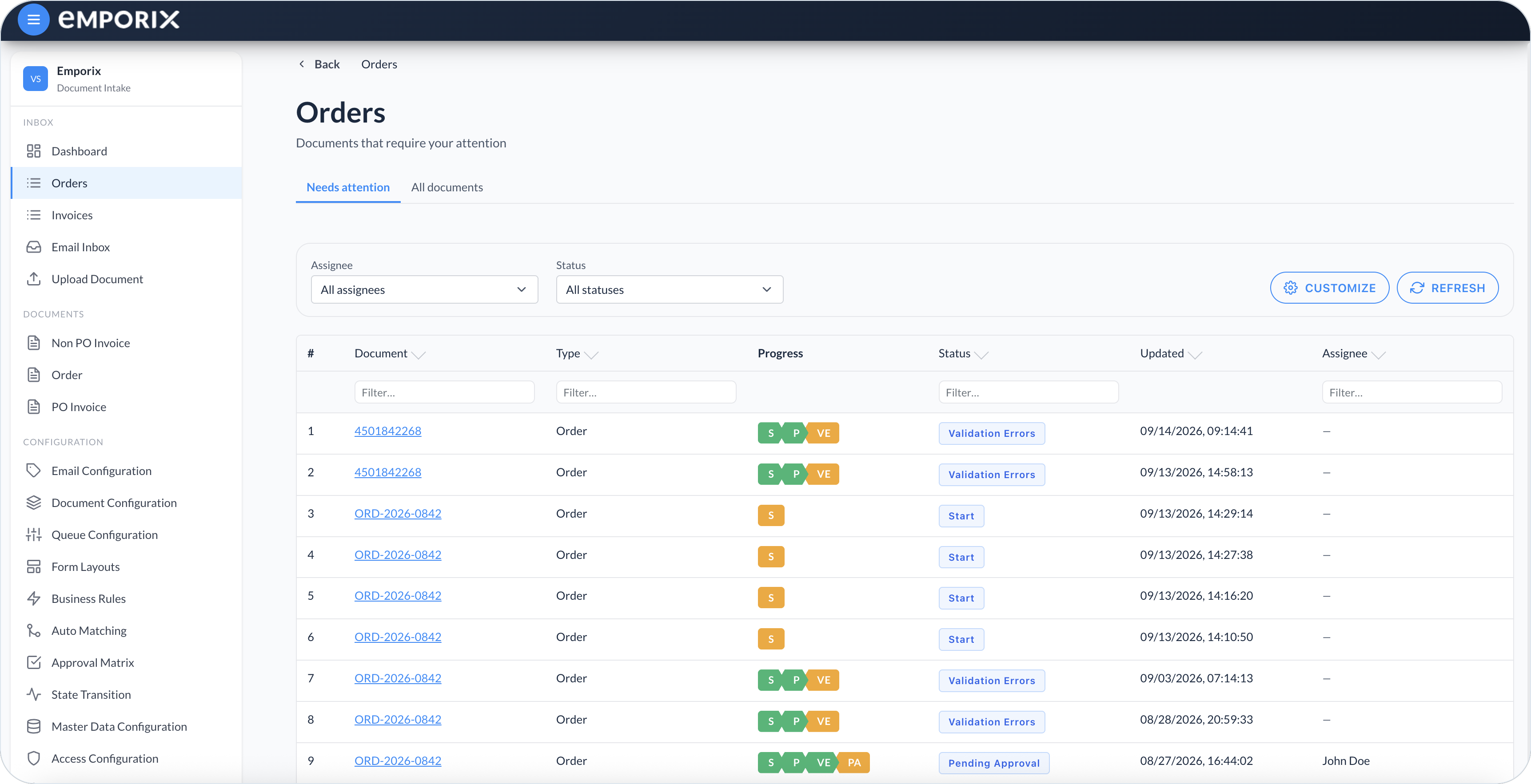Orders queue table with filters, Progress, and document links