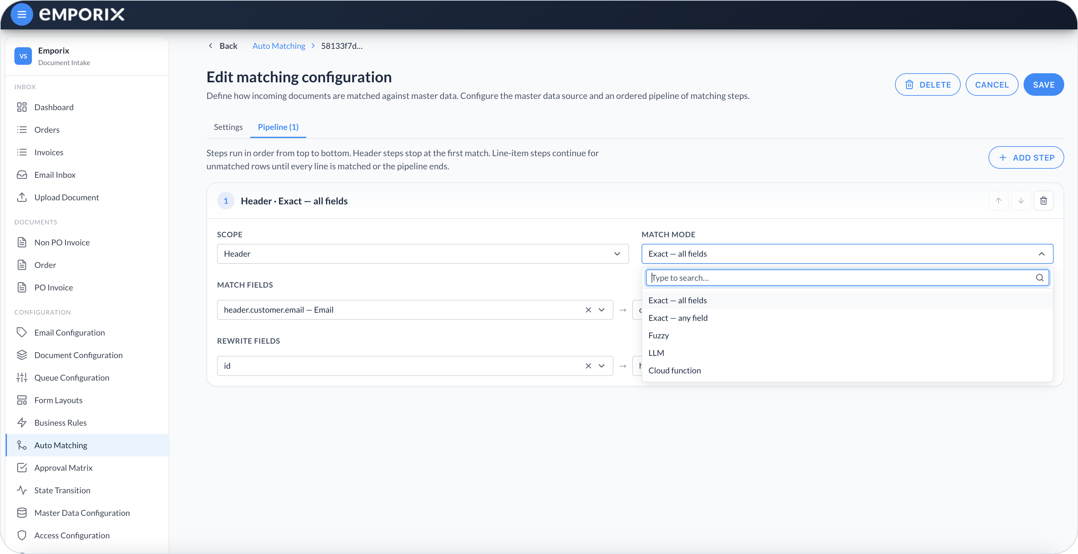 Pipeline Match mode dropdown with Exact all fields, Exact any field, Fuzzy, LLM, and Cloud function