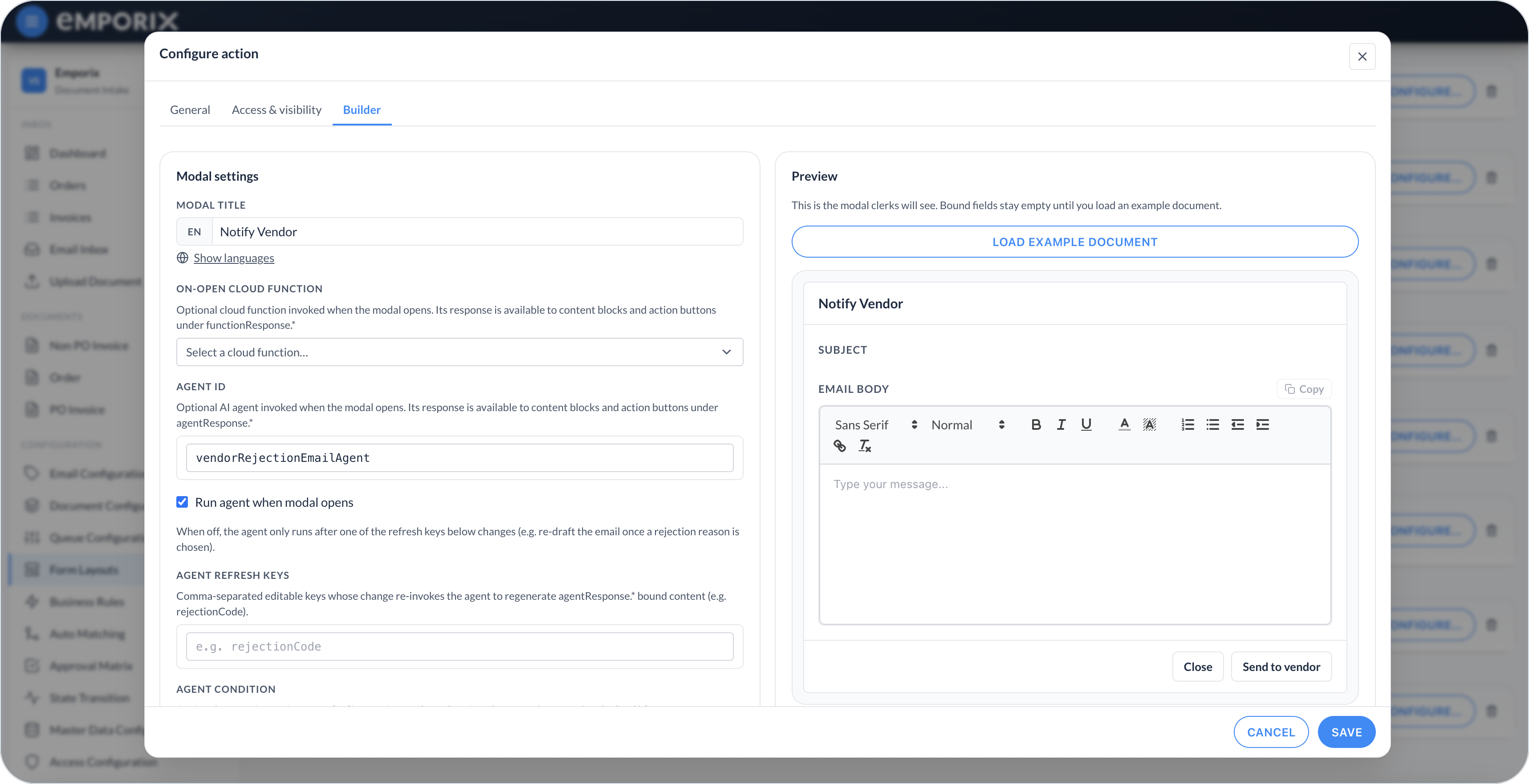 Open modal Builder with Modal title, Agent ID, Run agent when modal opens, and Preview