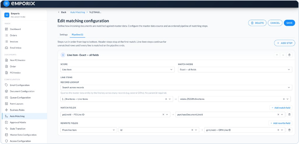Matching pipeline step with line item scope and search across records lookup