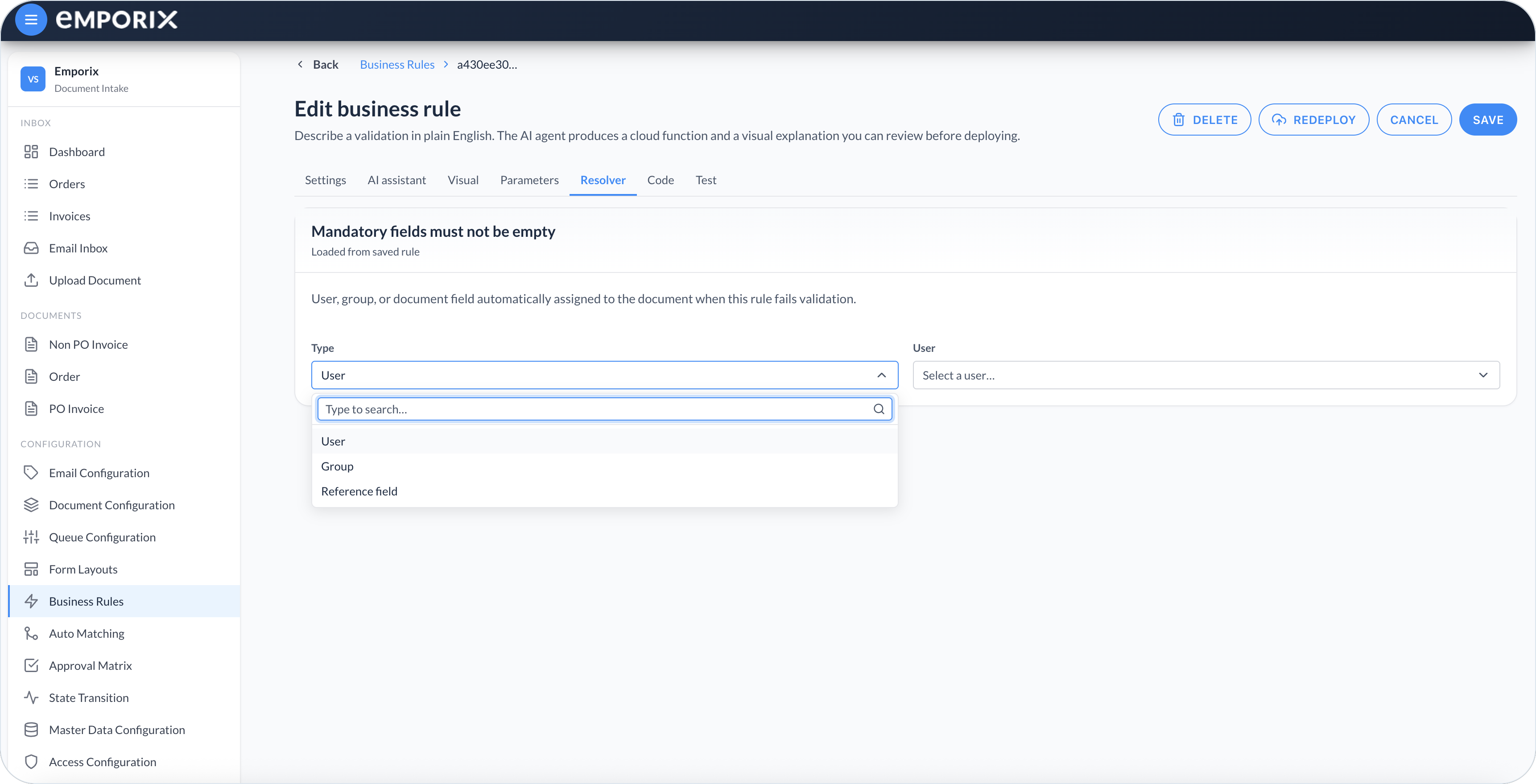 Resolver tab with Type User, Group, or Reference field