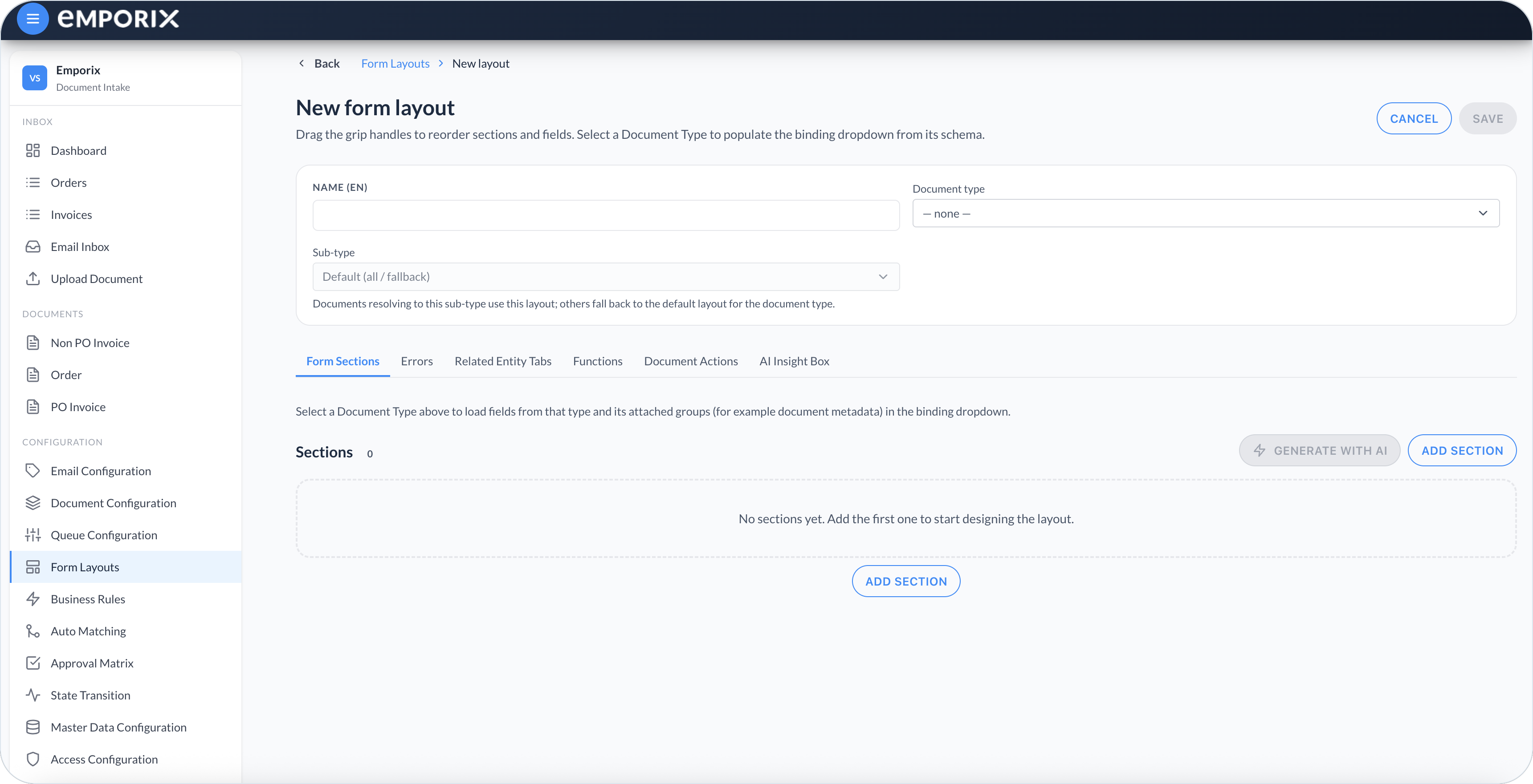 New form layout with Name (EN), Document type, Sub-type, and empty Form Sections
