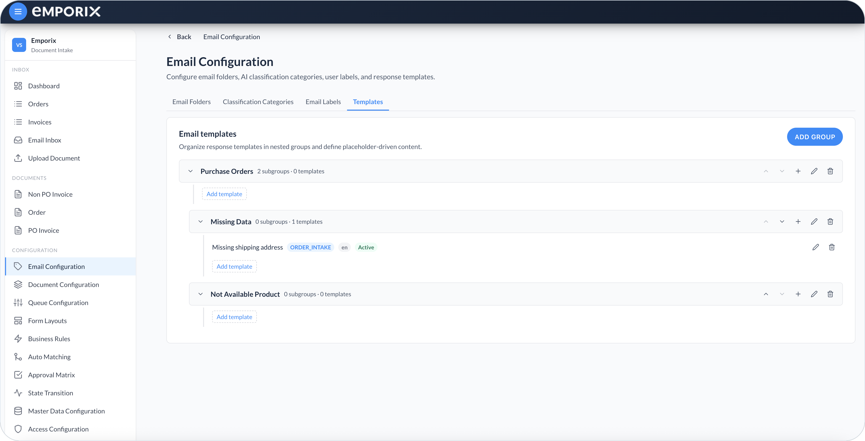Email Templates groups with nested groups and templates