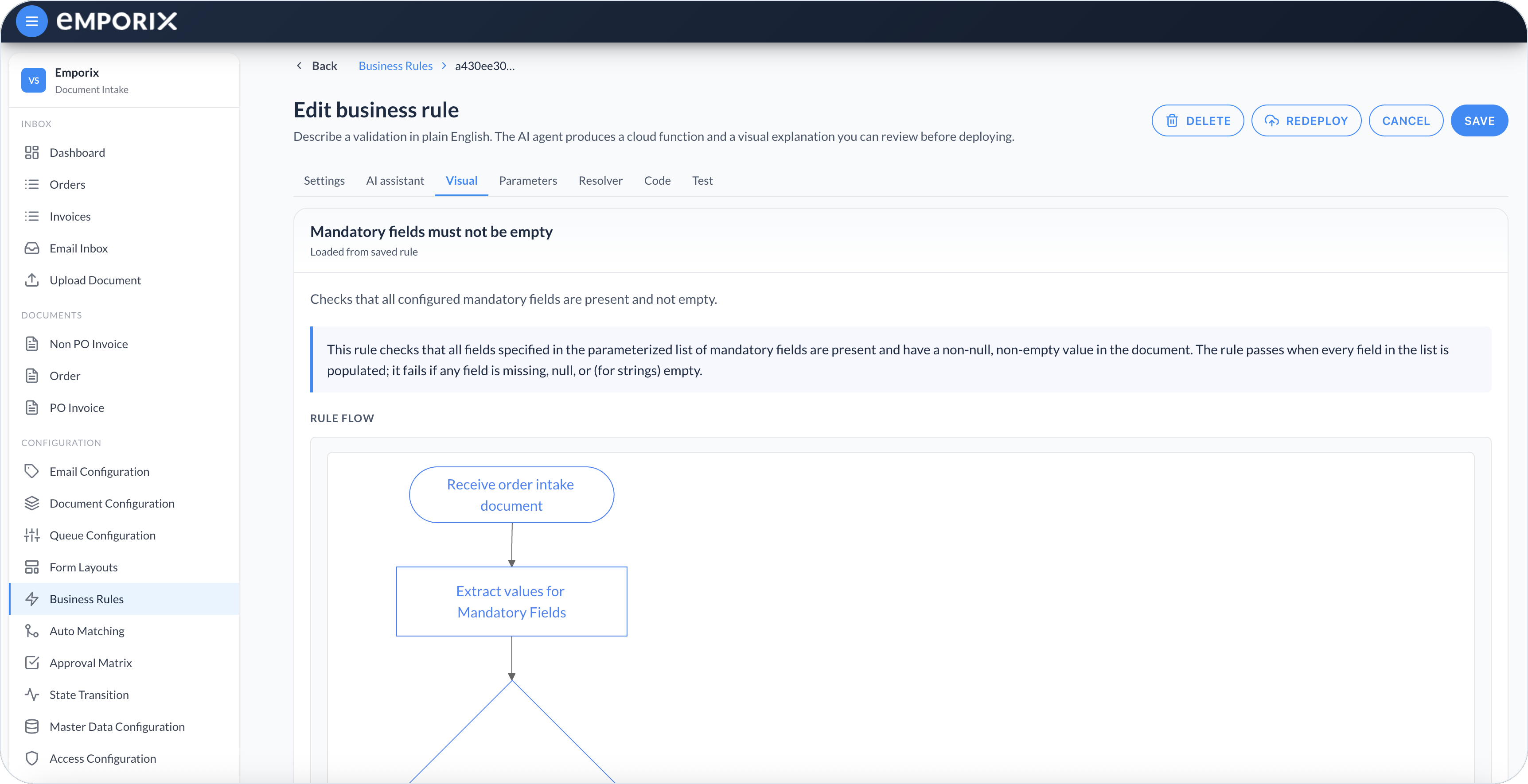 Visual tab with rule explanation and Rule flow