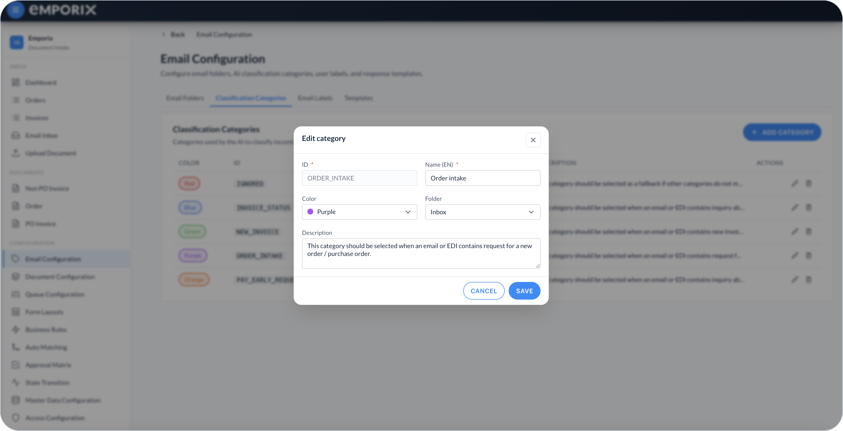 Edit category dialog with ID, name, color, folder, and description
