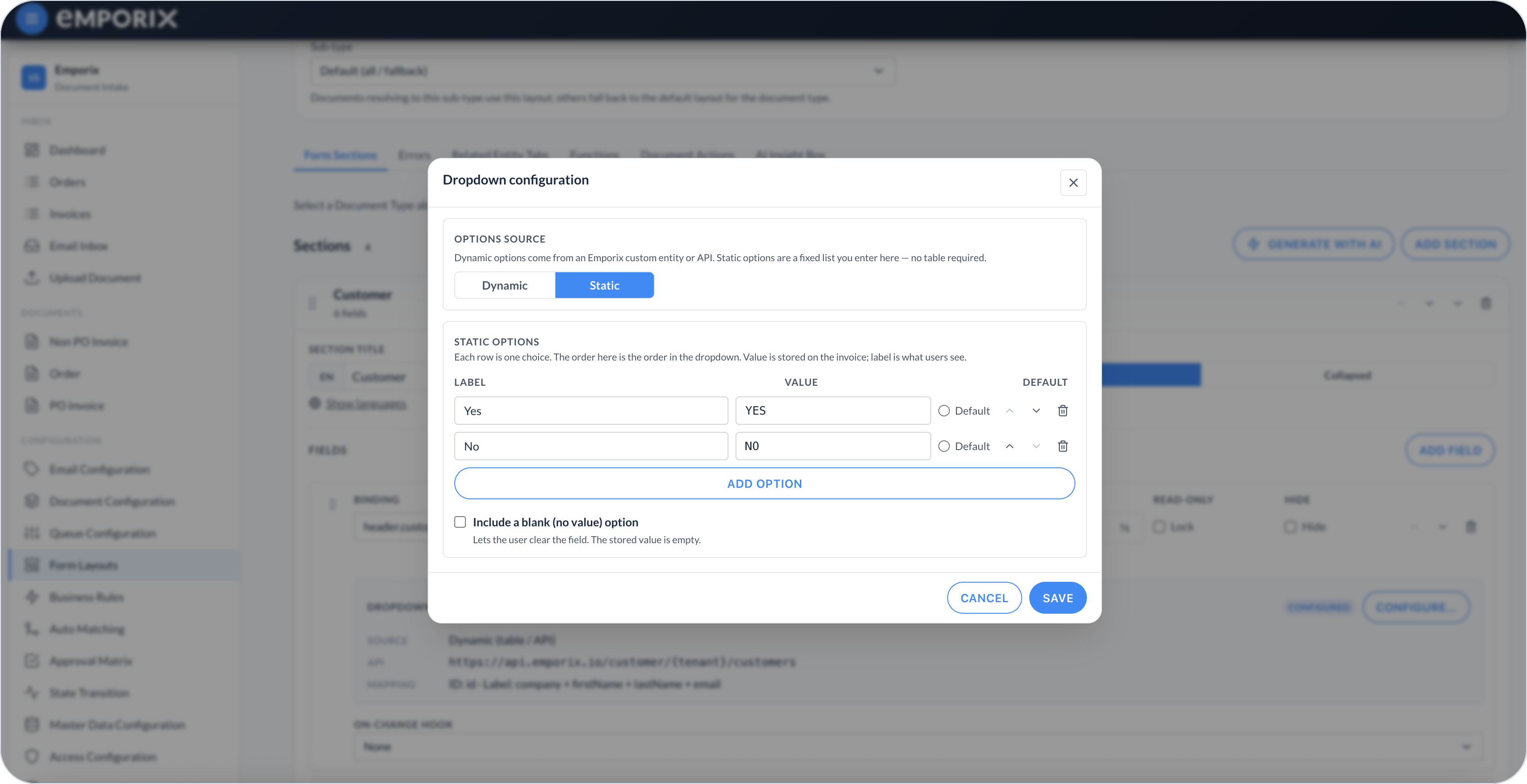 Dropdown configuration Static options with Label, Value, Default, and Include a blank option