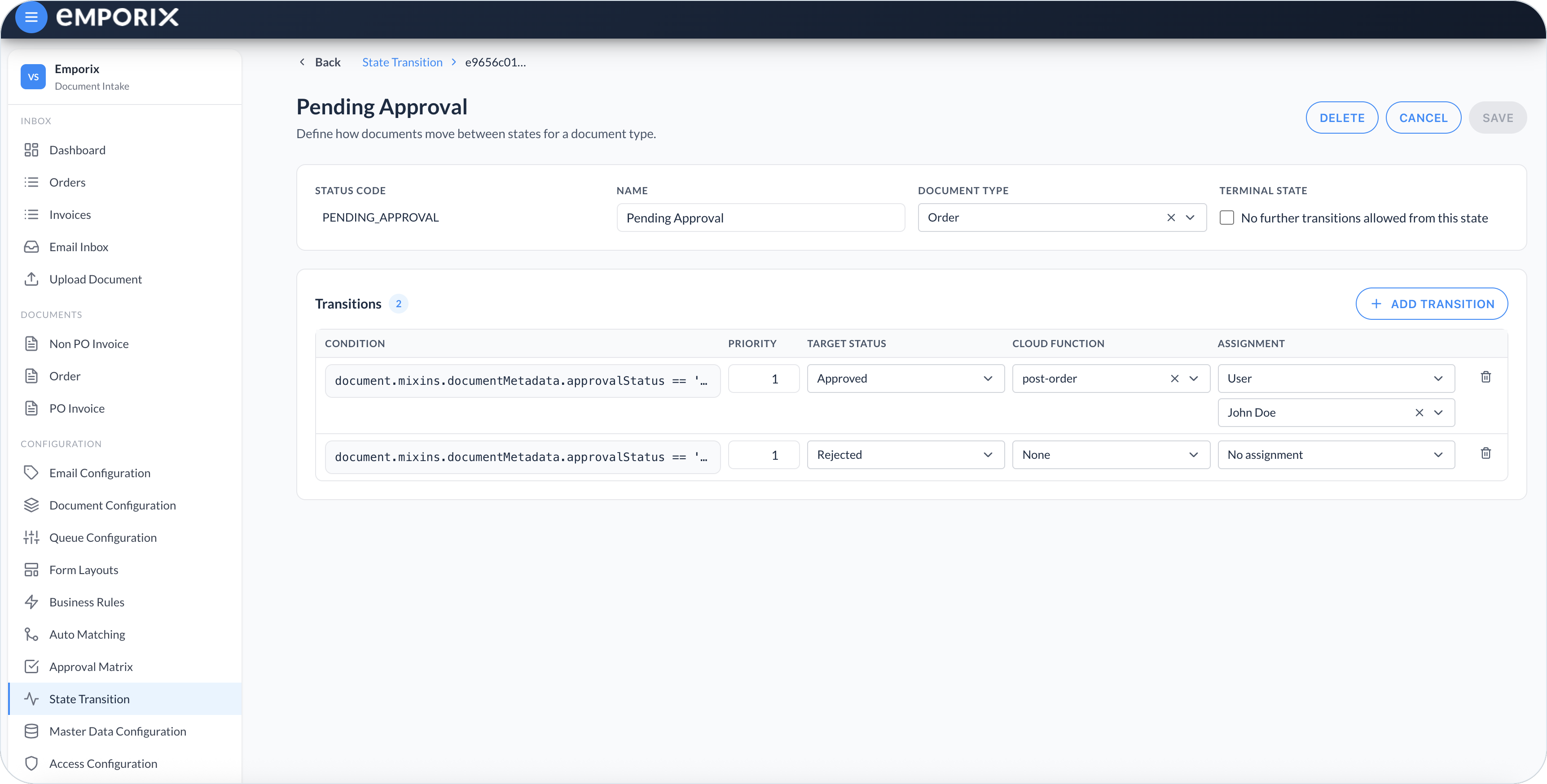Pending Approval editor with Status code, Name, Document type, Terminal state, and two transitions