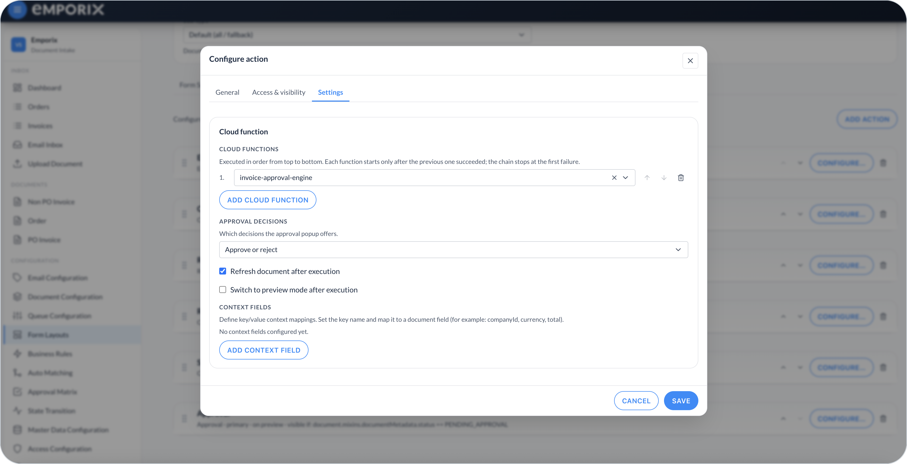 Configure action Settings with Cloud functions, Approval decisions, refresh options, and Context fields