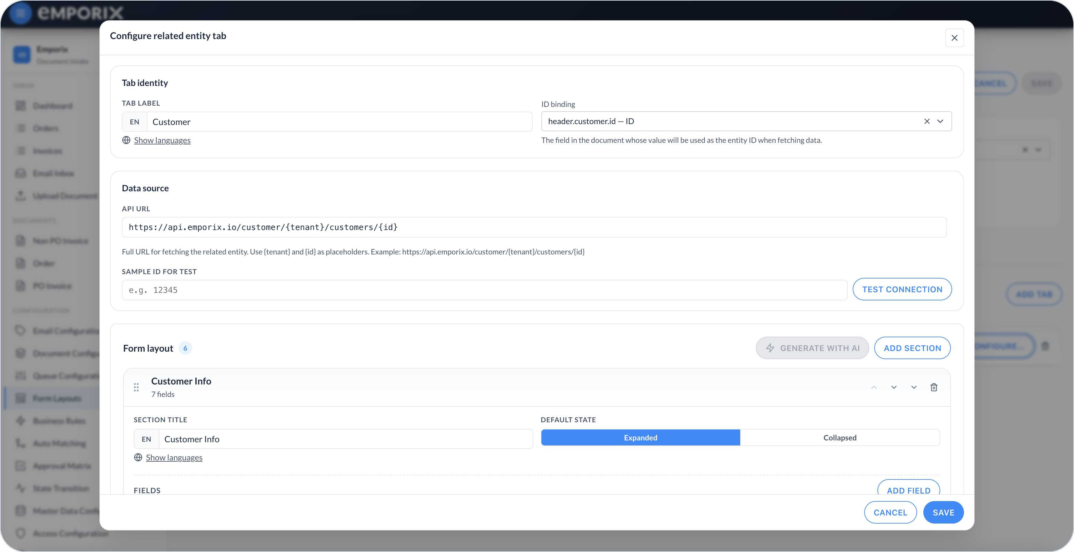 Configure related entity tab with Tab label, ID binding, API URL, Sample ID for test, and nested Form layout