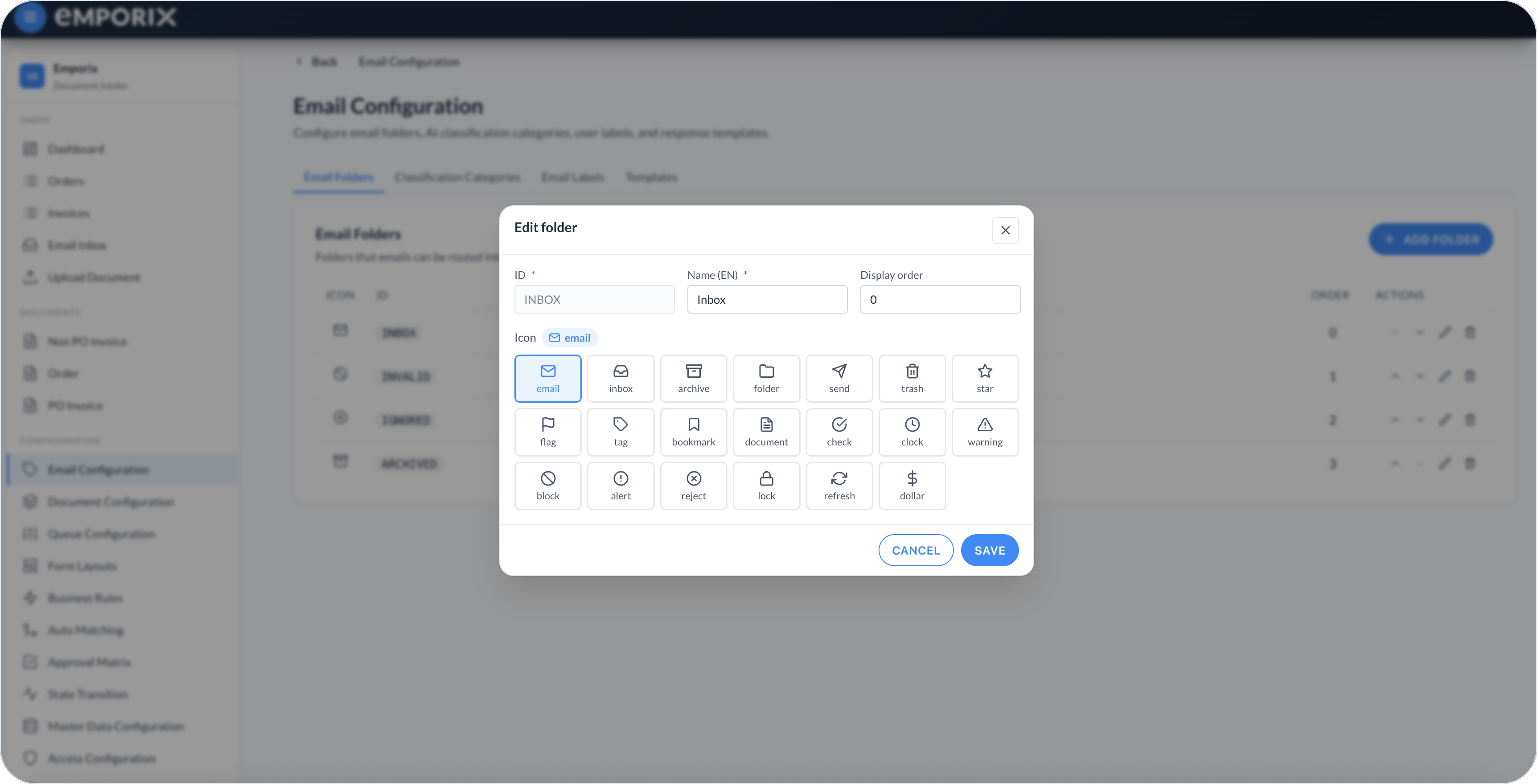 Edit folder dialog with ID, Name (EN), Display order, and icon gallery
