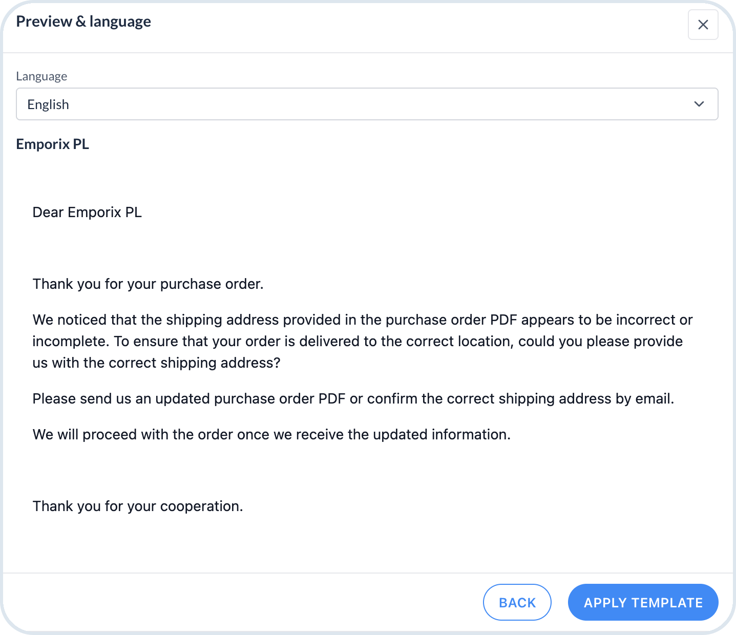 Preview and language dialog