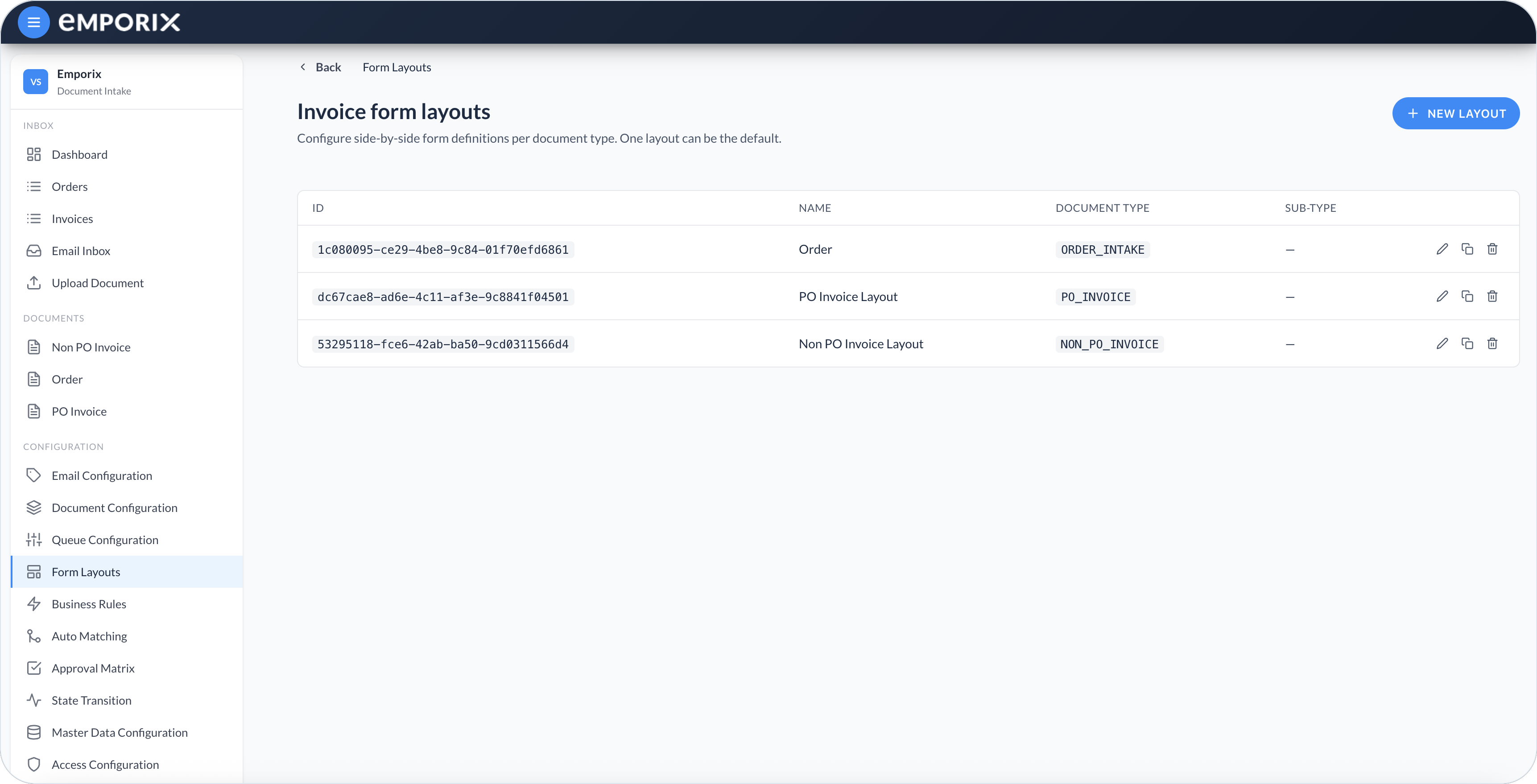 Form Layouts list with ID, Name, Document type, Sub-type, edit, clone, and delete