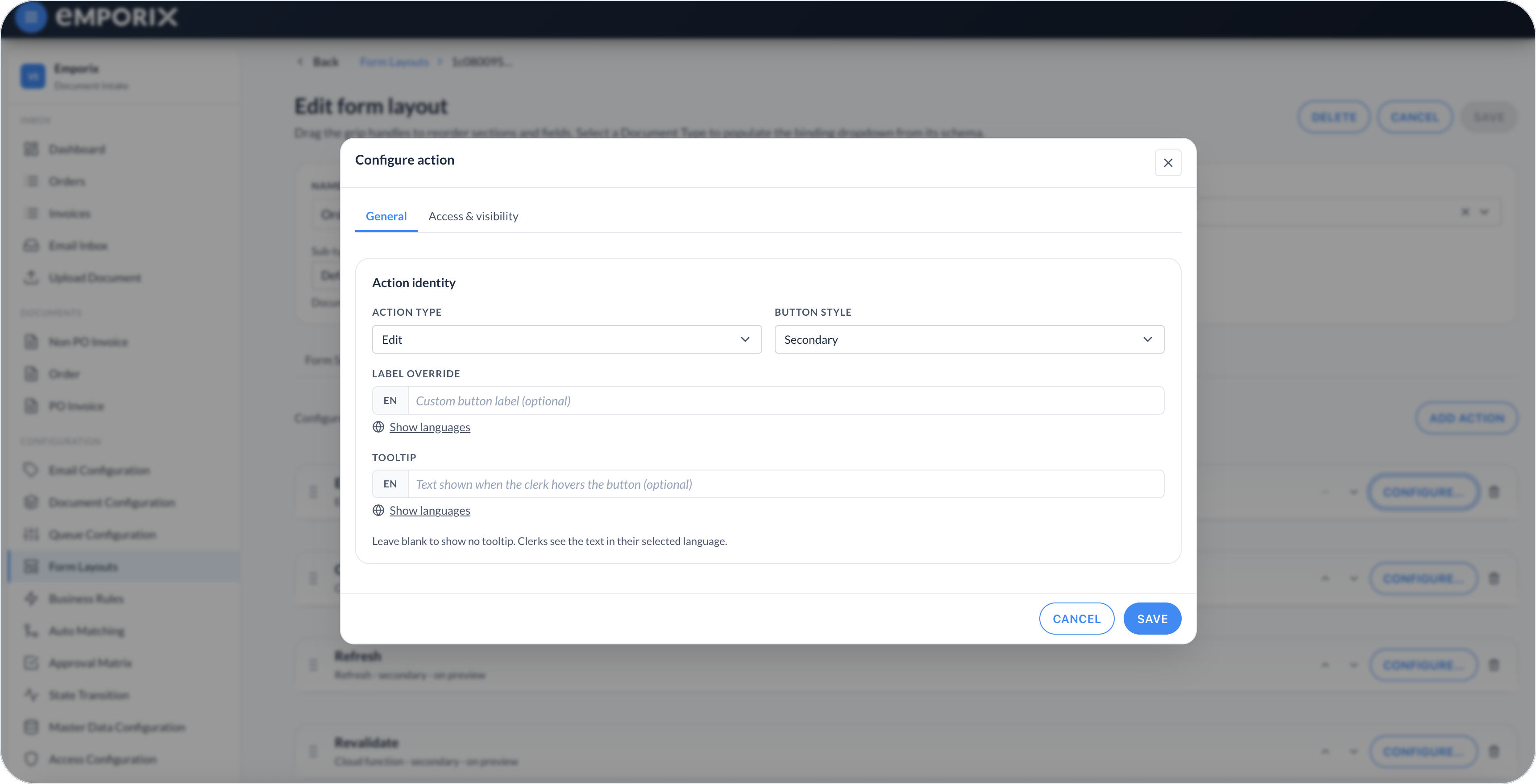 Configure action General with Action type, Button style, Label override, and Tooltip