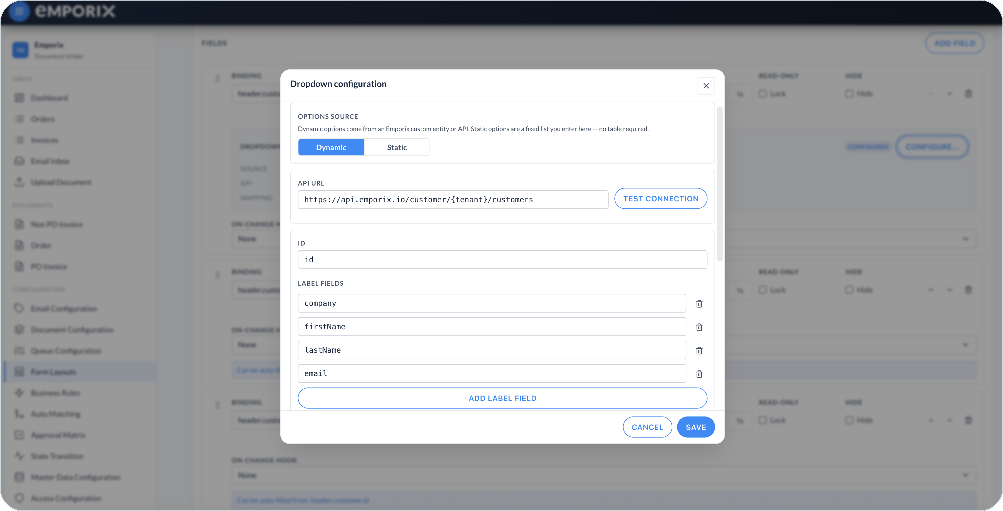 Dropdown configuration Label fields company, firstName, lastName, and email