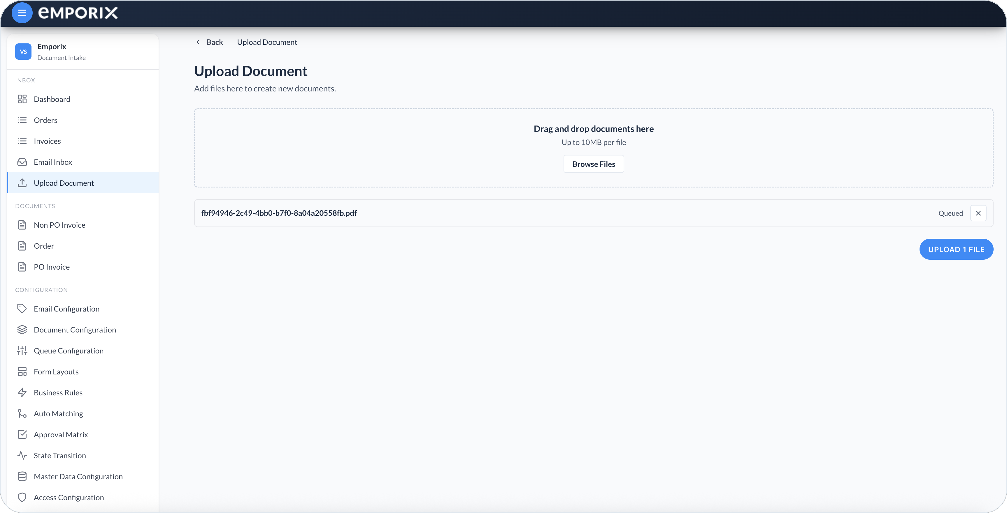Upload Document page with a queued PDF and upload 1 file