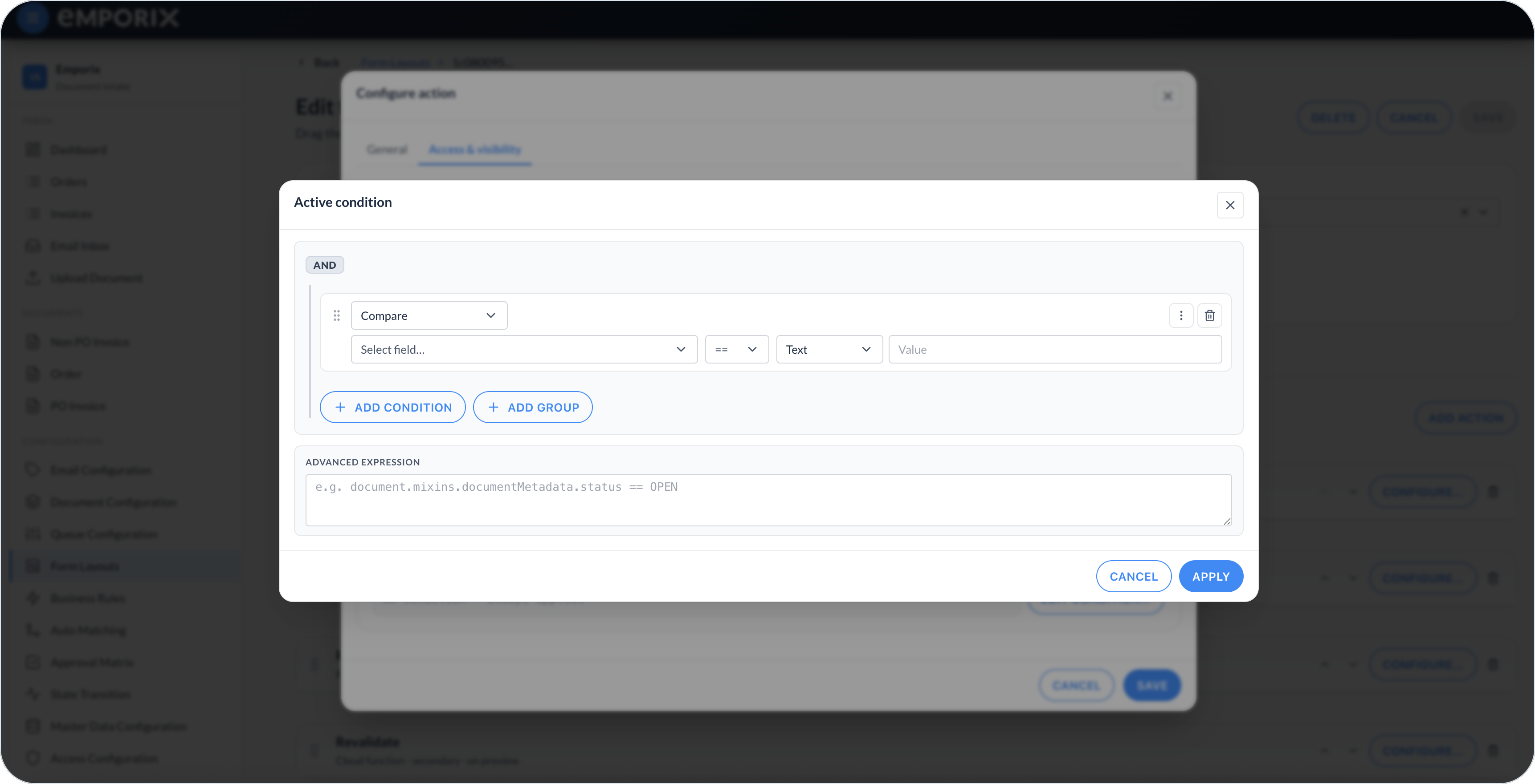 Active condition dialog with Compare, AND group, and Advanced expression