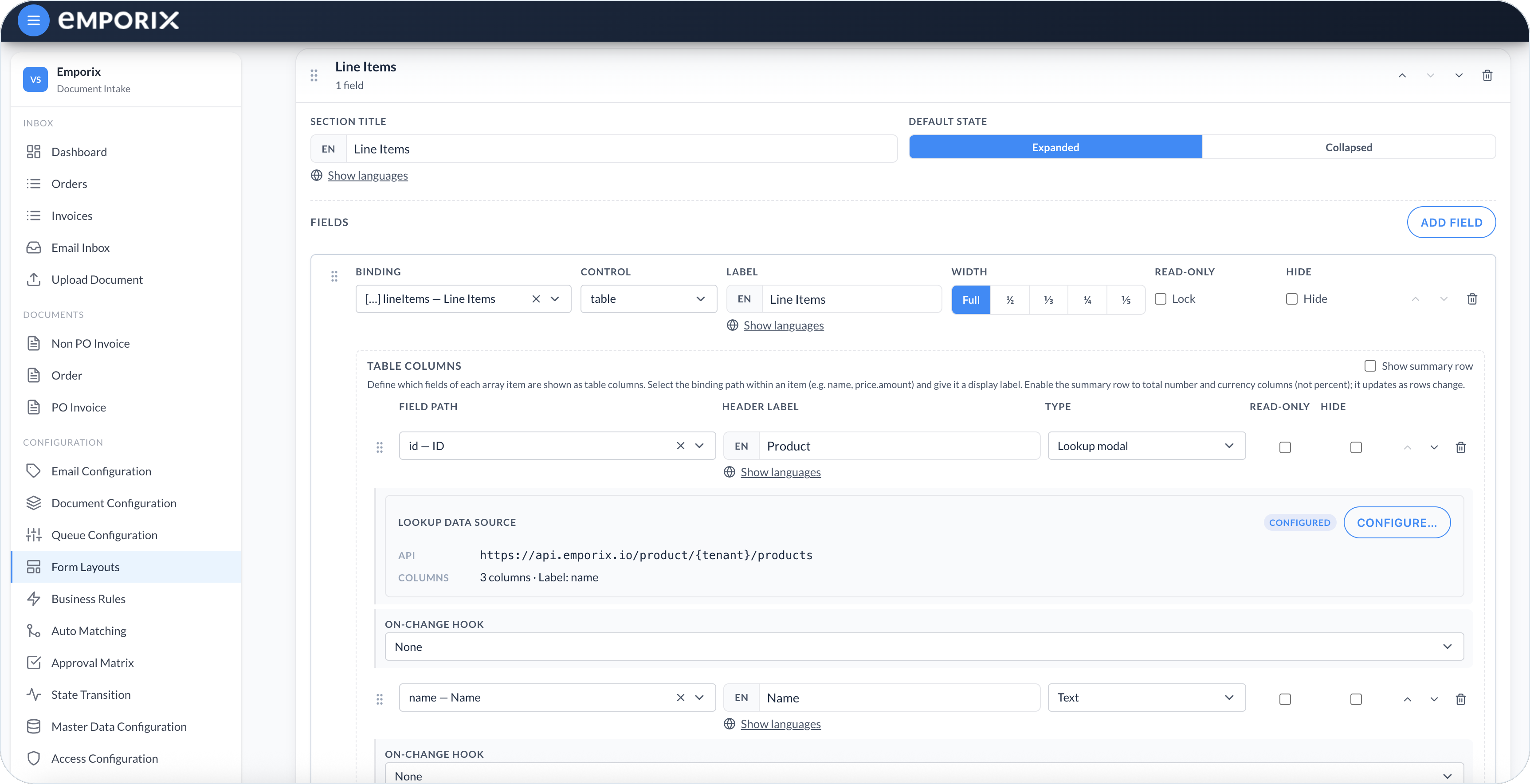 Line Items table control with Table Columns, Lookup modal, and Configure