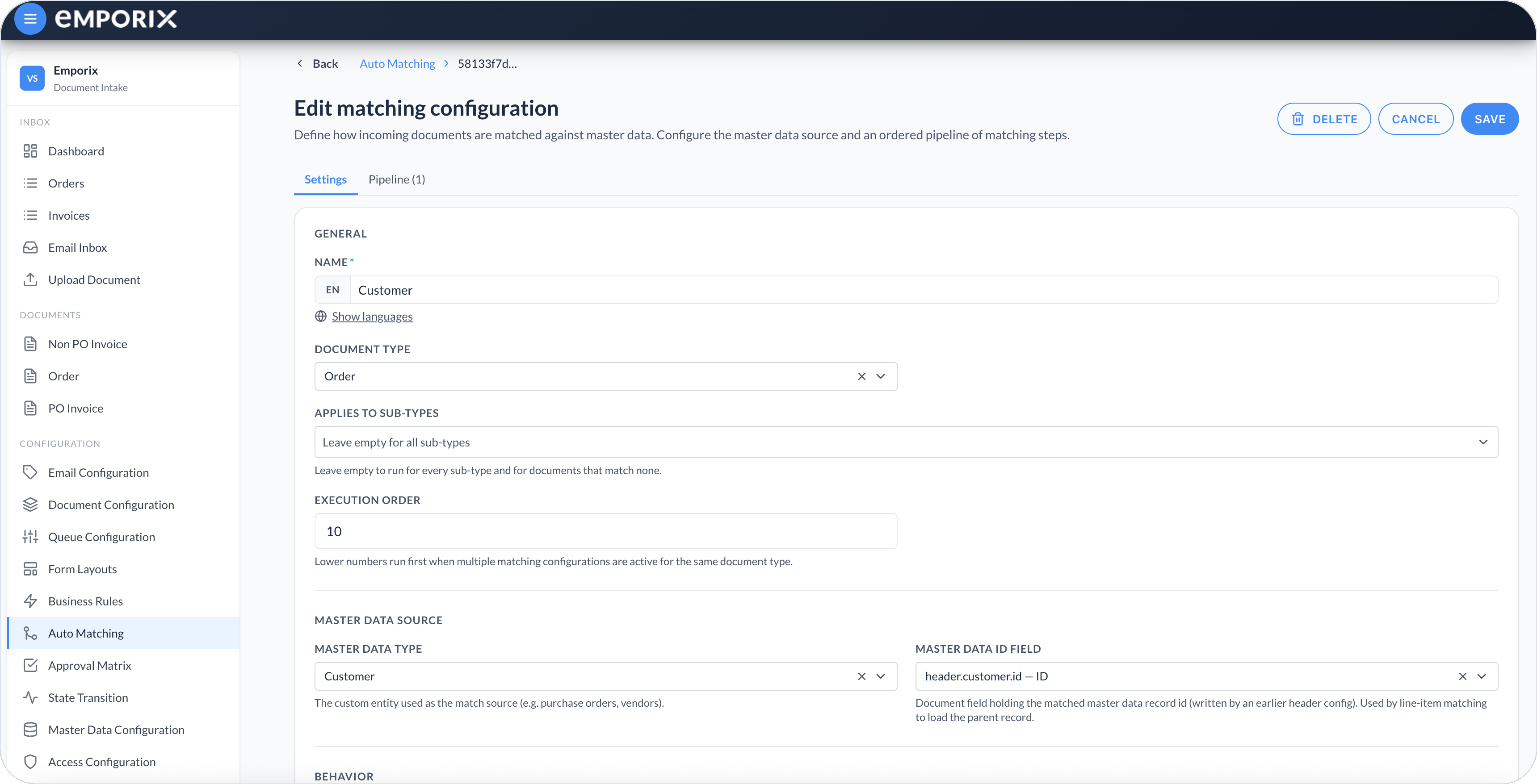Edit matching configuration Settings with Name Customer, Document type Order, Execution order 10, and Master data ID field header.customer.id