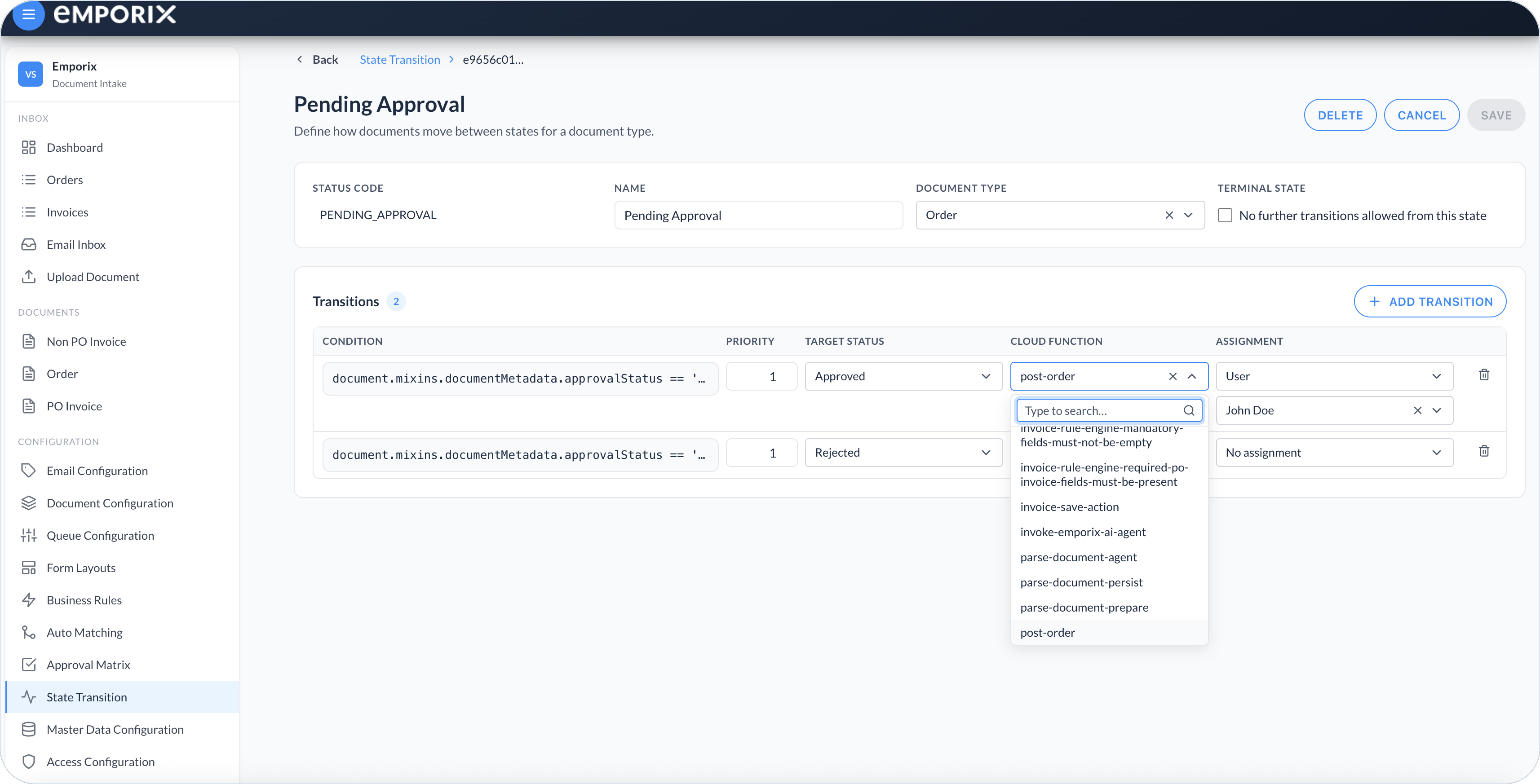 Cloud function dropdown with Type to search and tenant function names