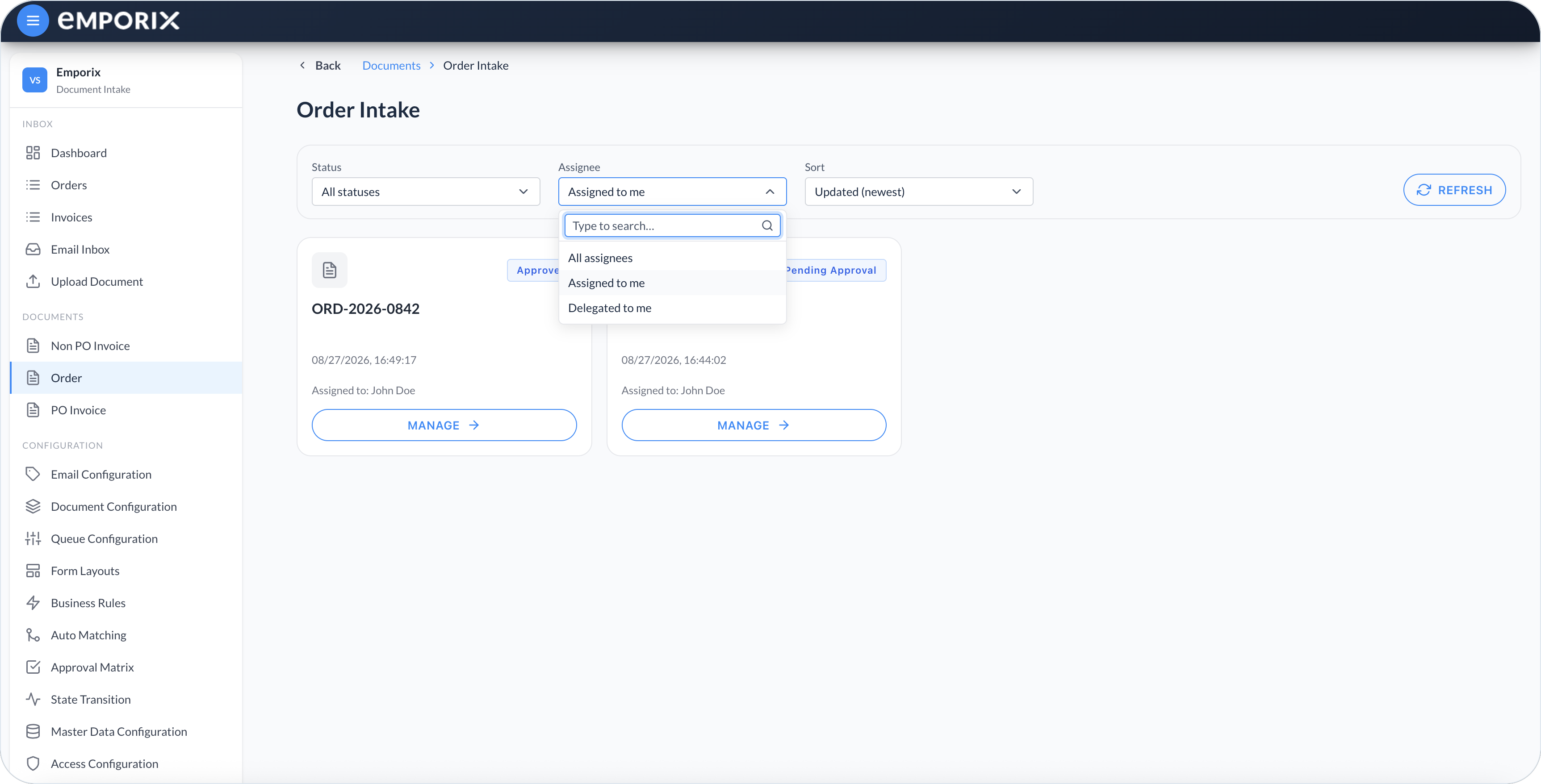 Assignee filter with All assignees, Assigned to me, and Delegated to me