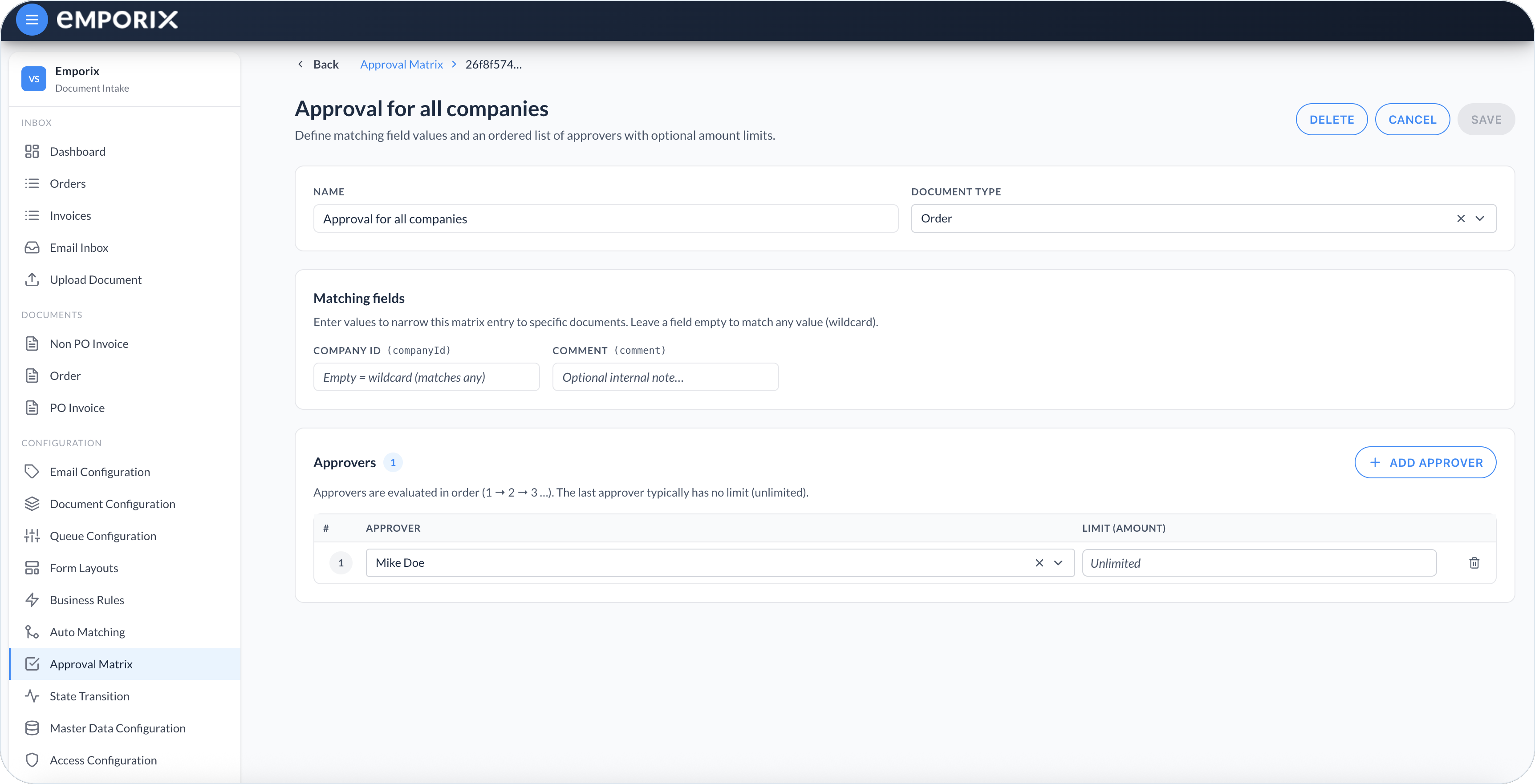 Editing Approval for all companies with a Company ID wildcard and one Unlimited approver