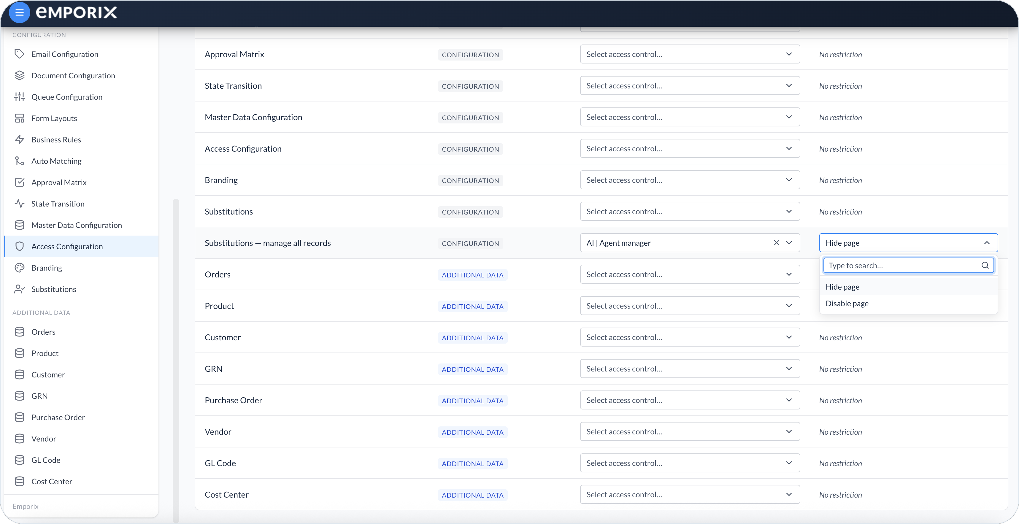 If access is denied dropdown with Hide page and Disable page