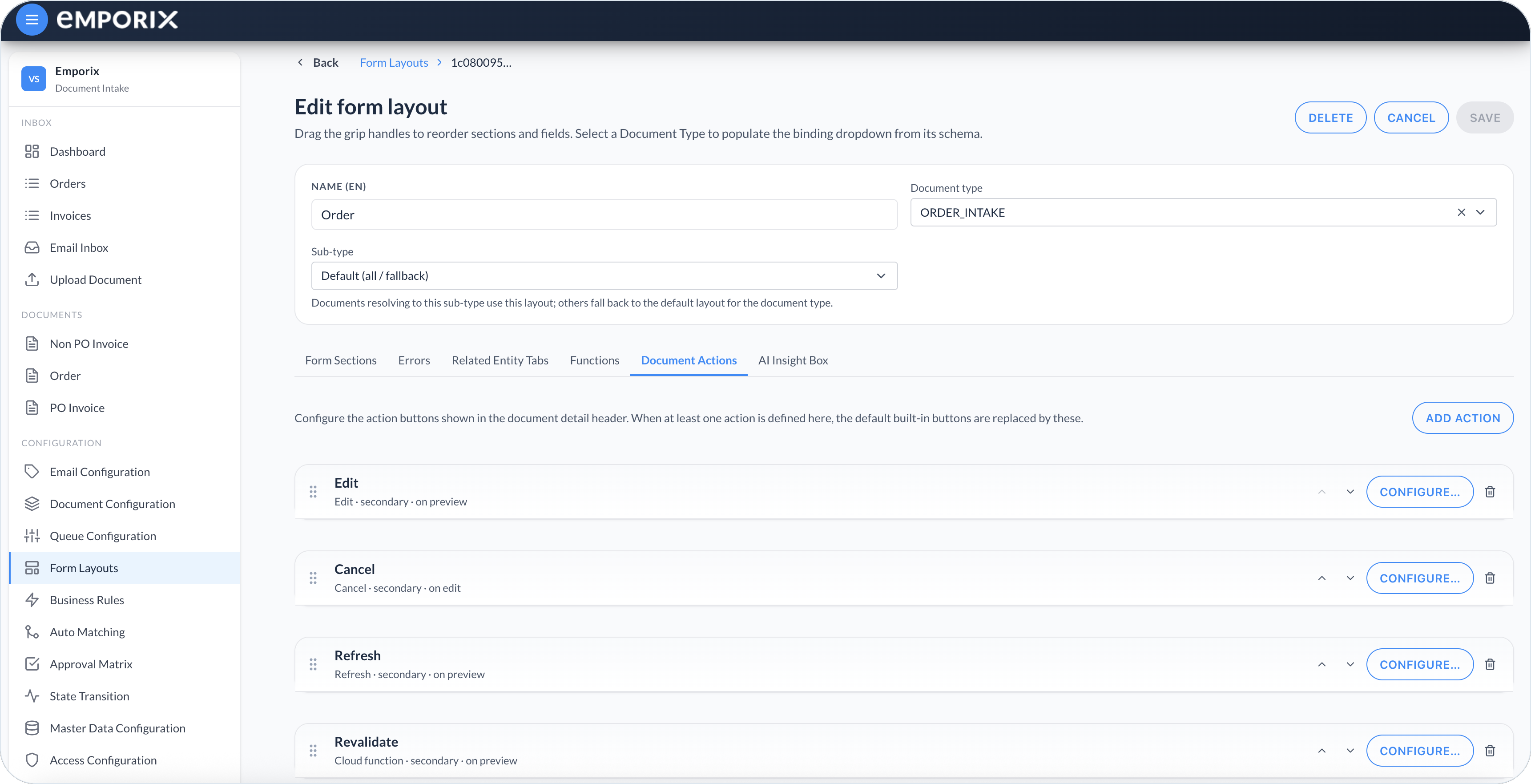 Document Actions list with Edit, Cancel, Refresh, Revalidate, and Configure
