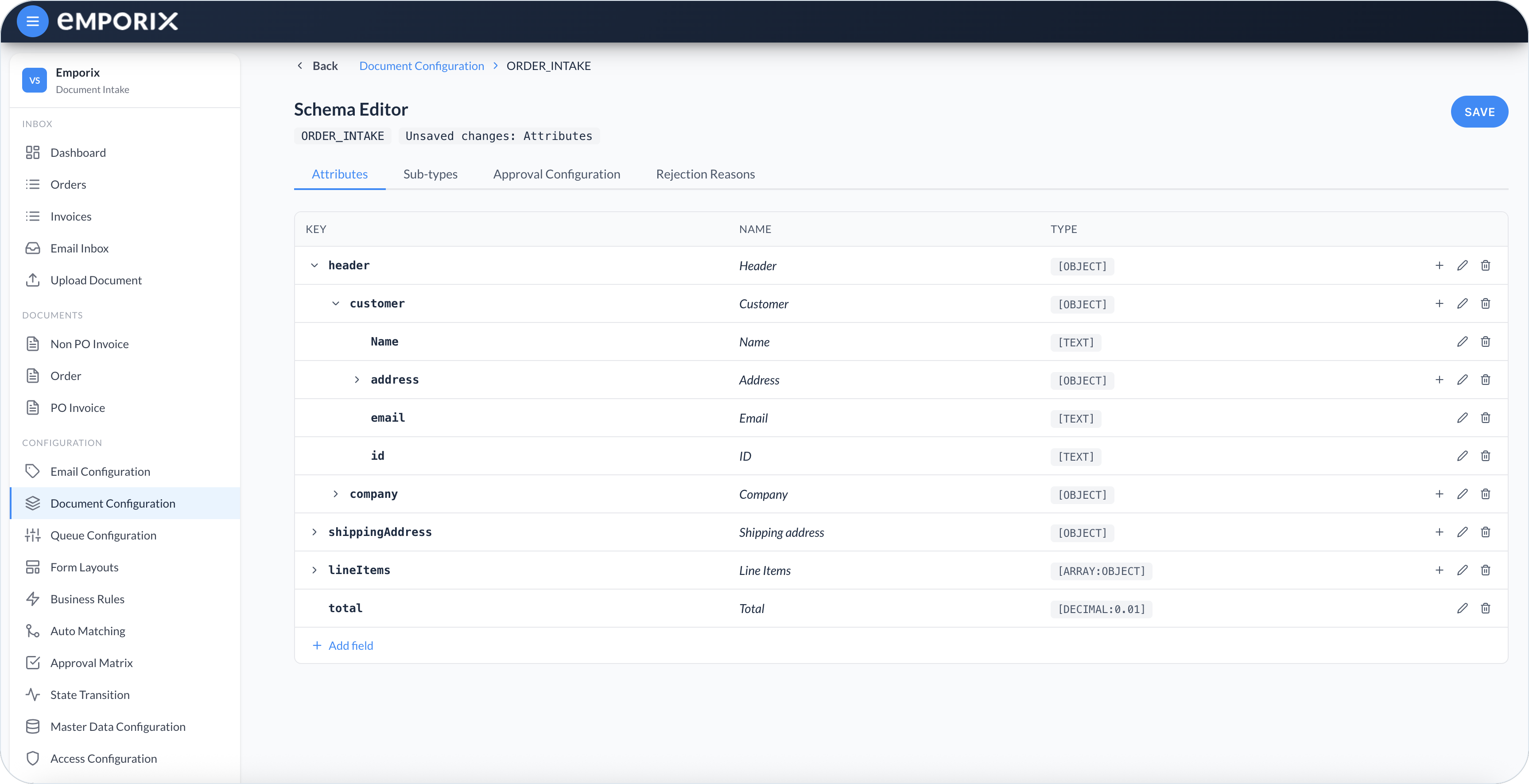 Schema editor attributes tree with nested header, customer, line items, and total