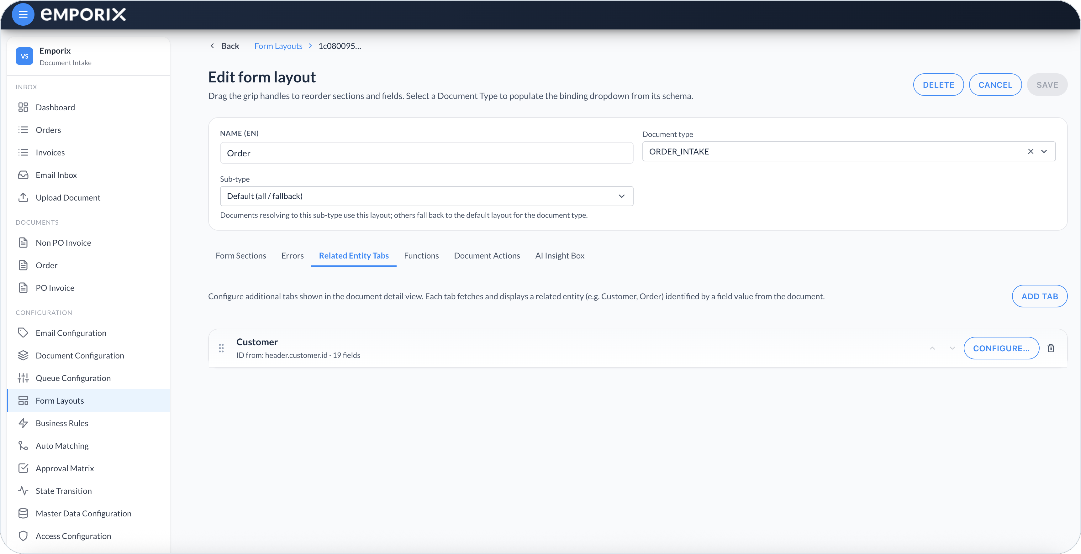 Related Entity Tabs list with a Customer tab and Configure