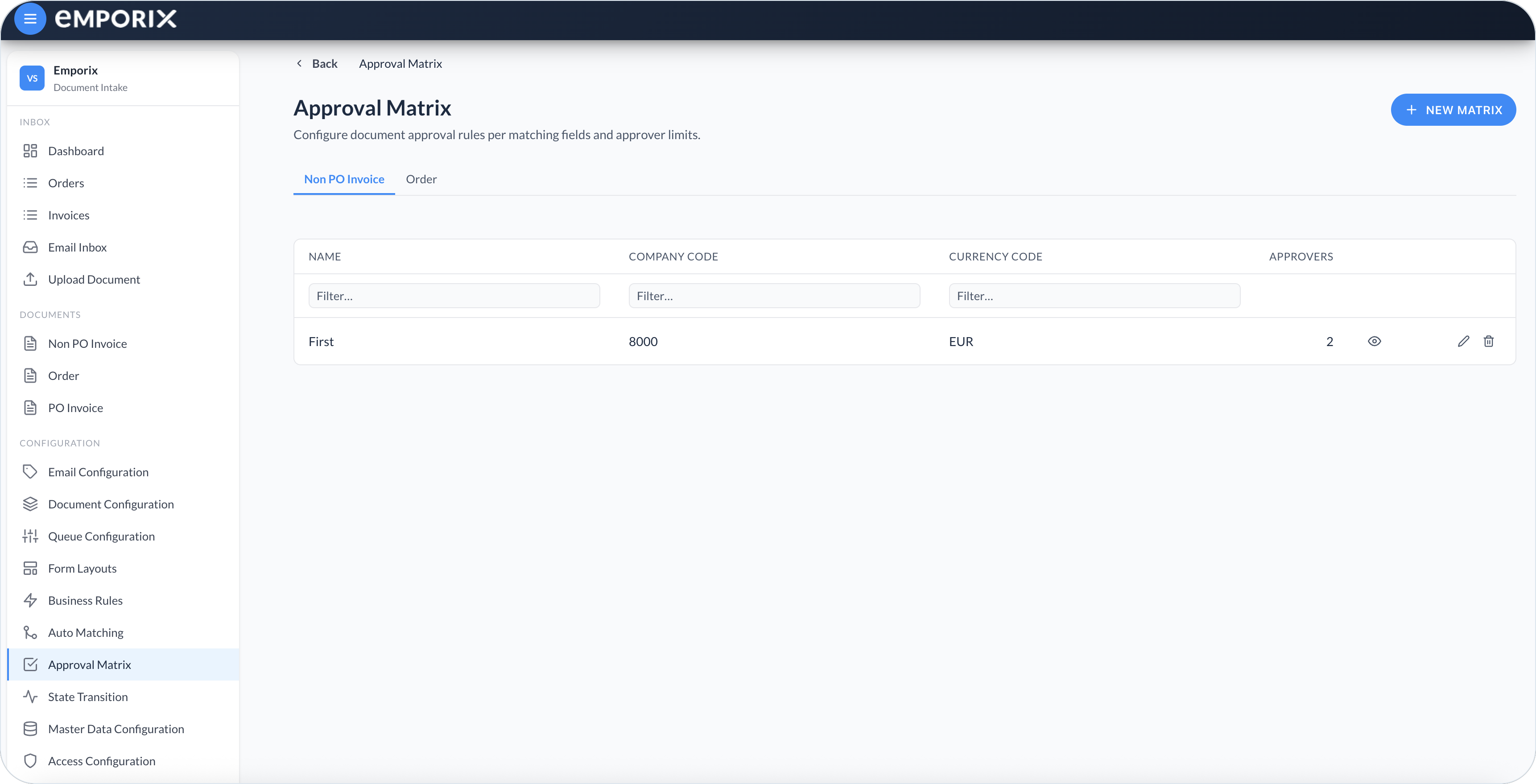 Approval Matrix list on the Non PO Invoice tab with Company Code, Currency Code, and Approvers