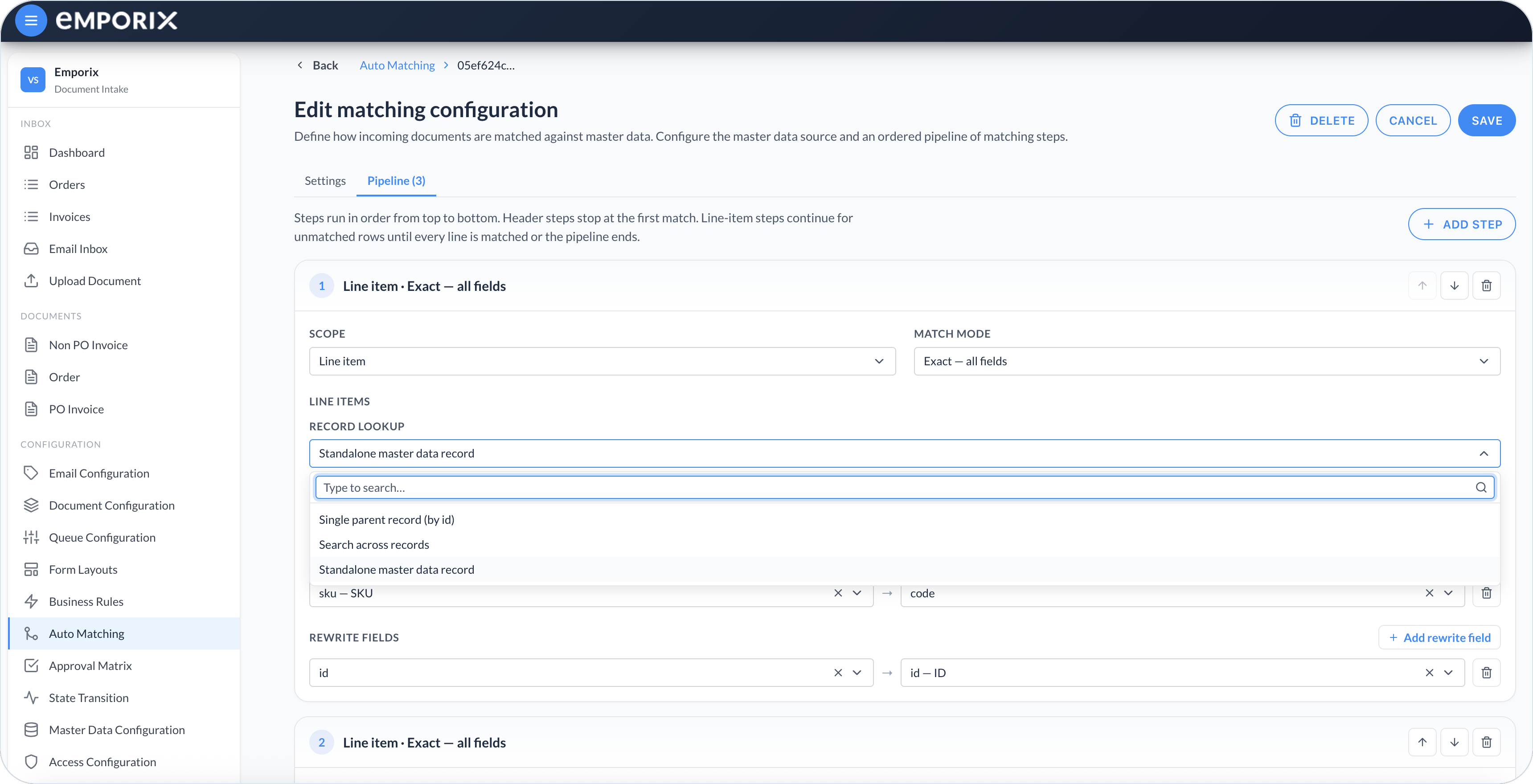 Pipeline Record lookup dropdown with Single parent record, Search across records, and Standalone master data record