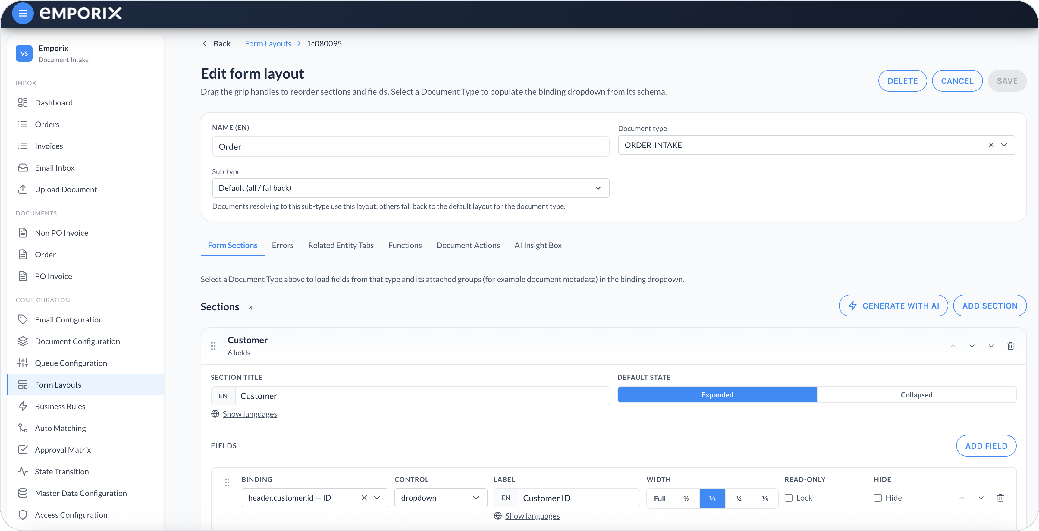 Edit form layout Form Sections with Name, Document type, and a Customer section