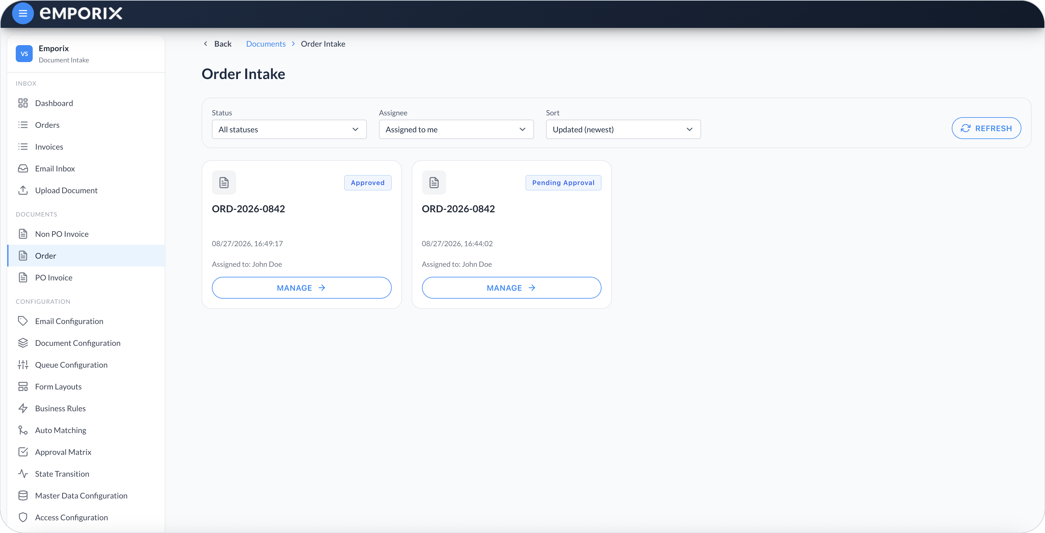 Order Intake cards with filters, statuses, assignees, and Manage
