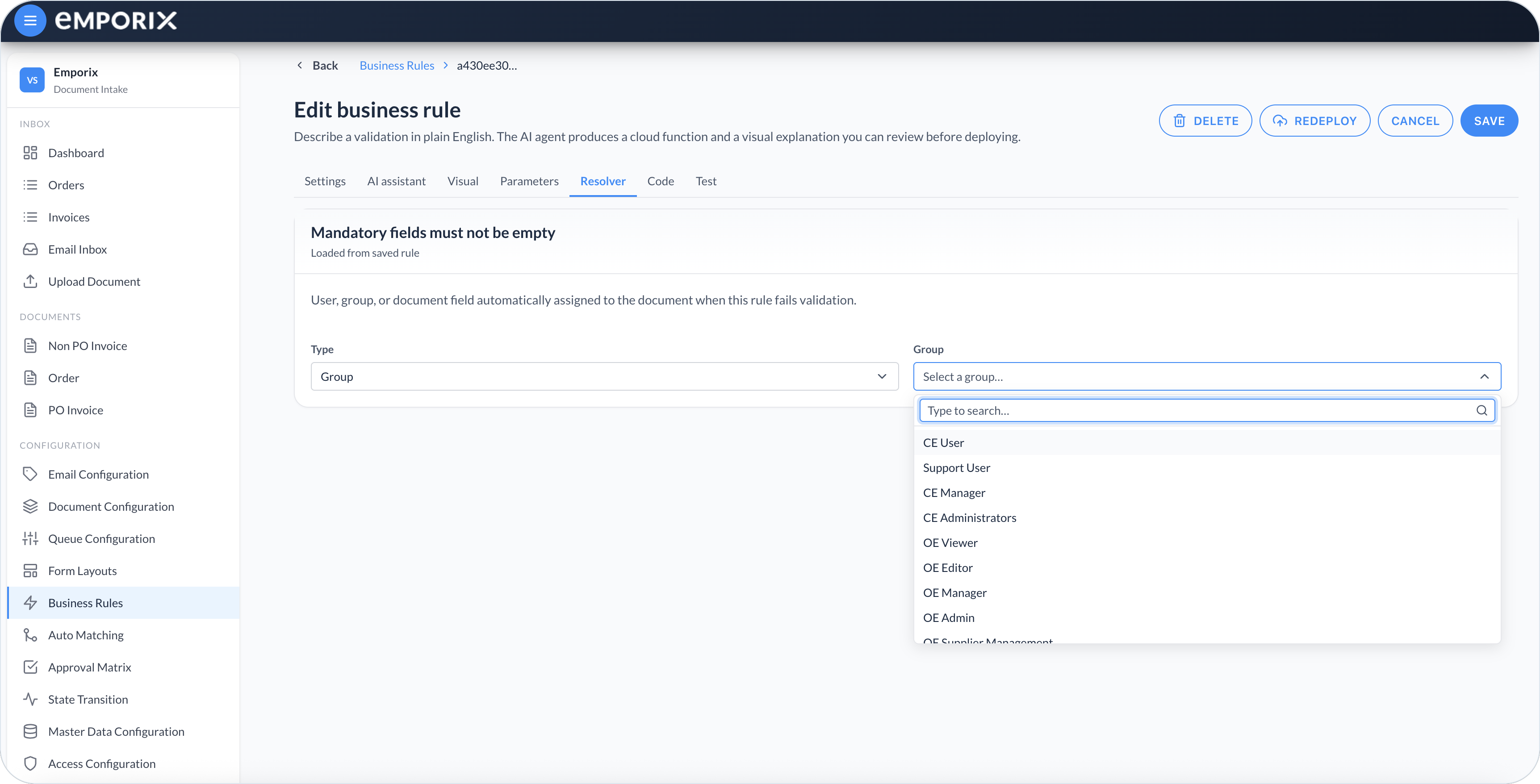 Resolver tab with Type Group and a group picker