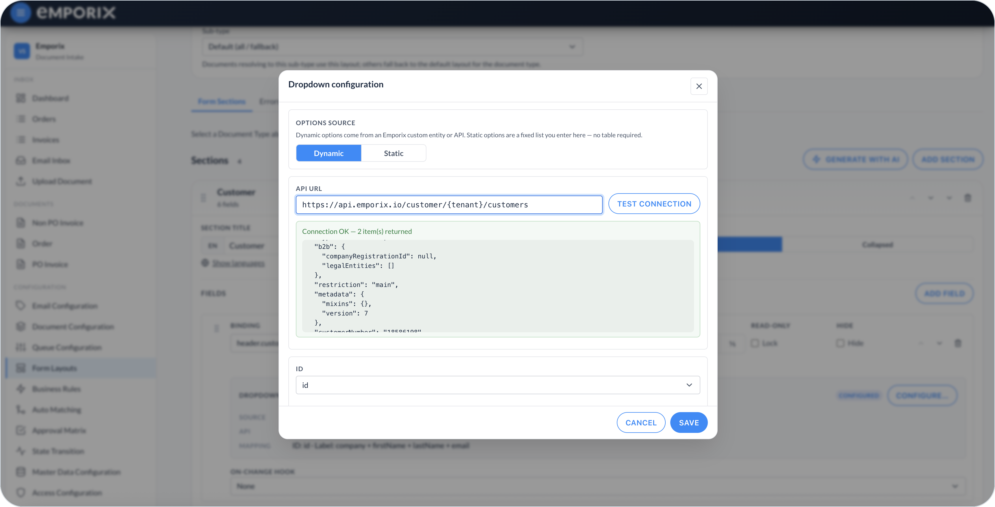 Dropdown configuration Dynamic with API URL, Test connection, and Connection OK