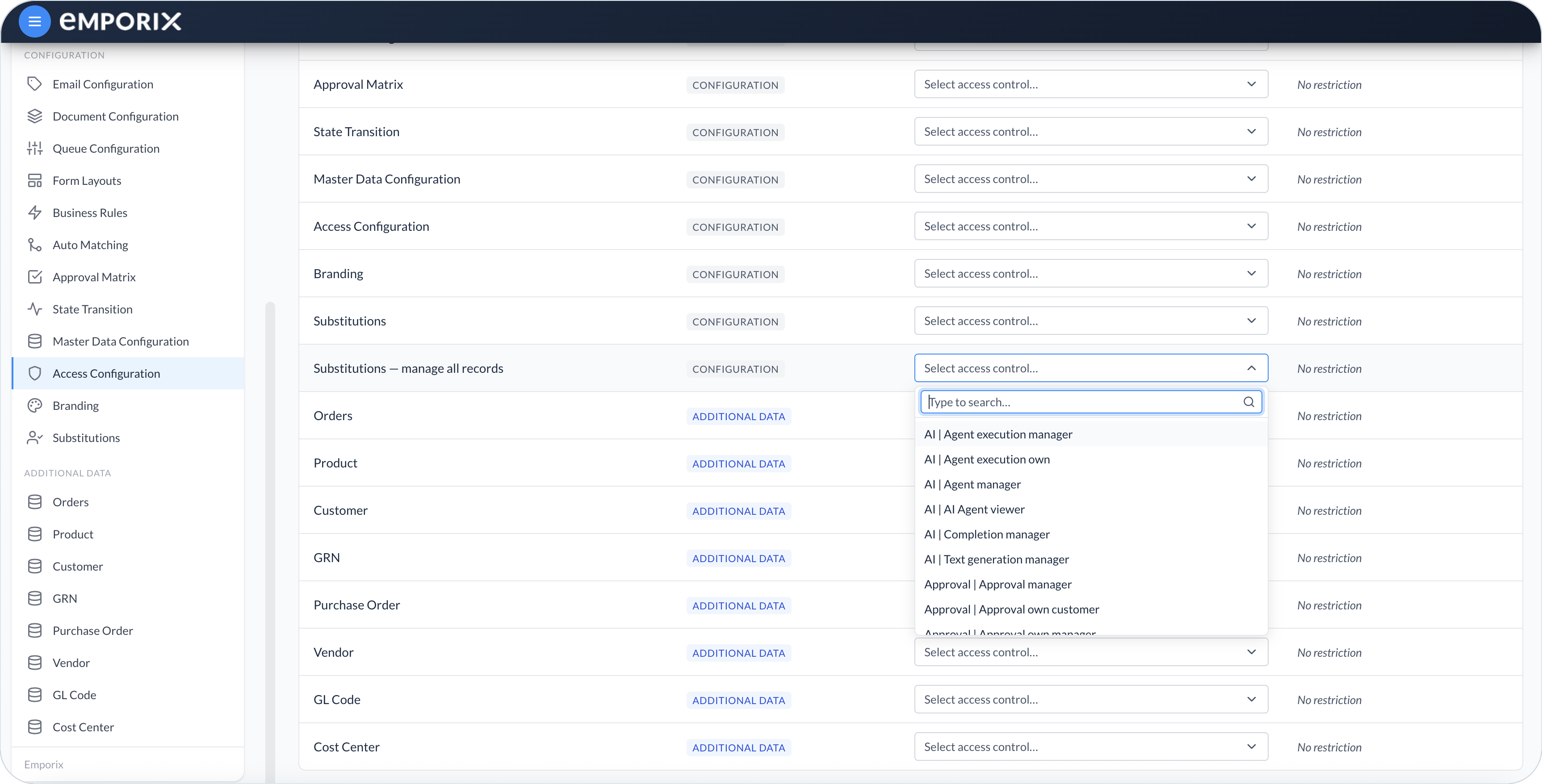 Required access control dropdown with Type to search and tenant IAM controls