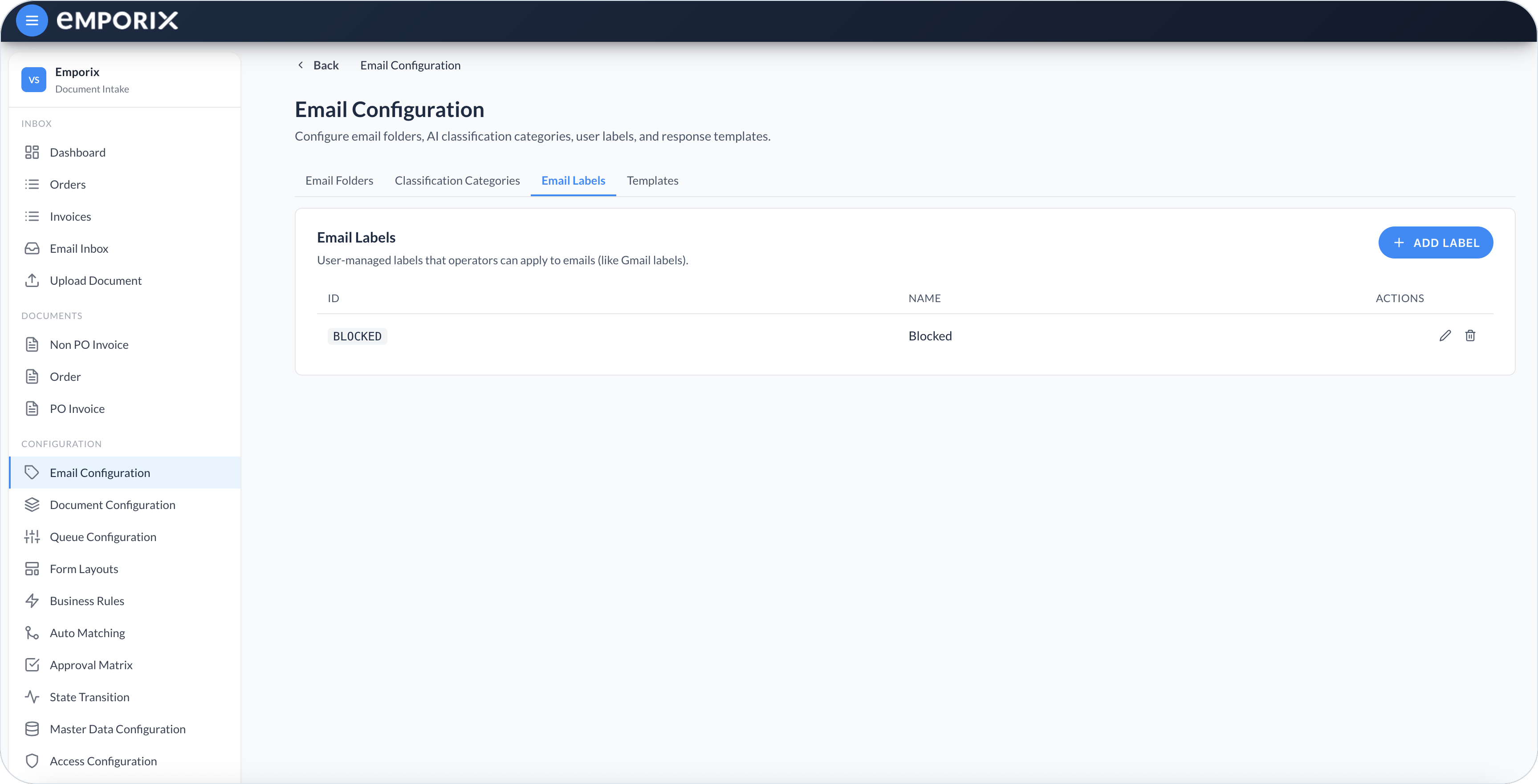 Email Labels list with ID, name, and actions